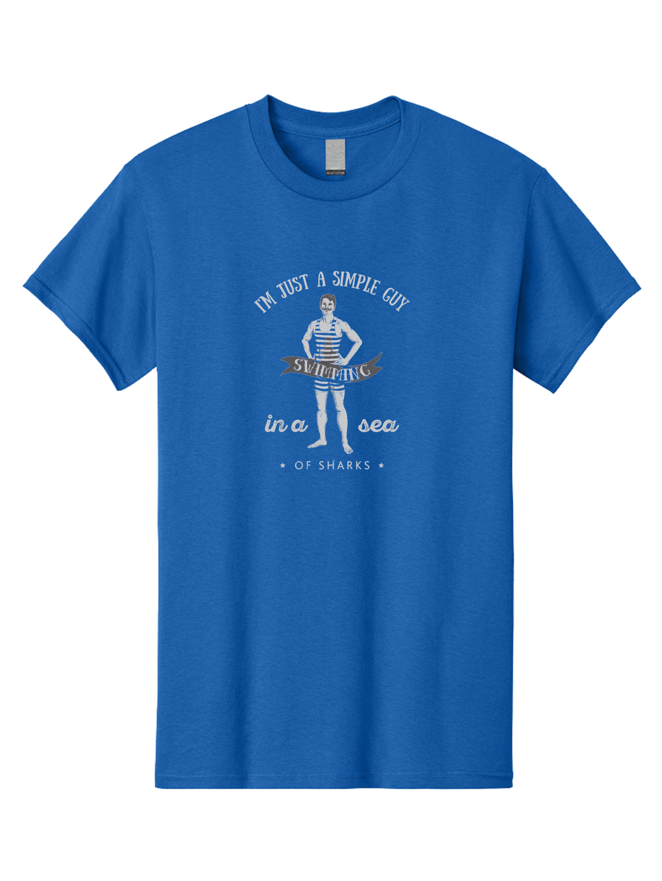 Simple-Guy-Swimming-3 Men'S Graphic Tee, 100% Cotton, Comfortable Casual Summer Wear, Machine Washable, Vintage Swimmer, Ocean Danger, Humorous Quote, Sharks, Swimsuit Fashion, Retro Style, Funny Saying, Striped Swimsuit, Ocean Swim, Aab976 11