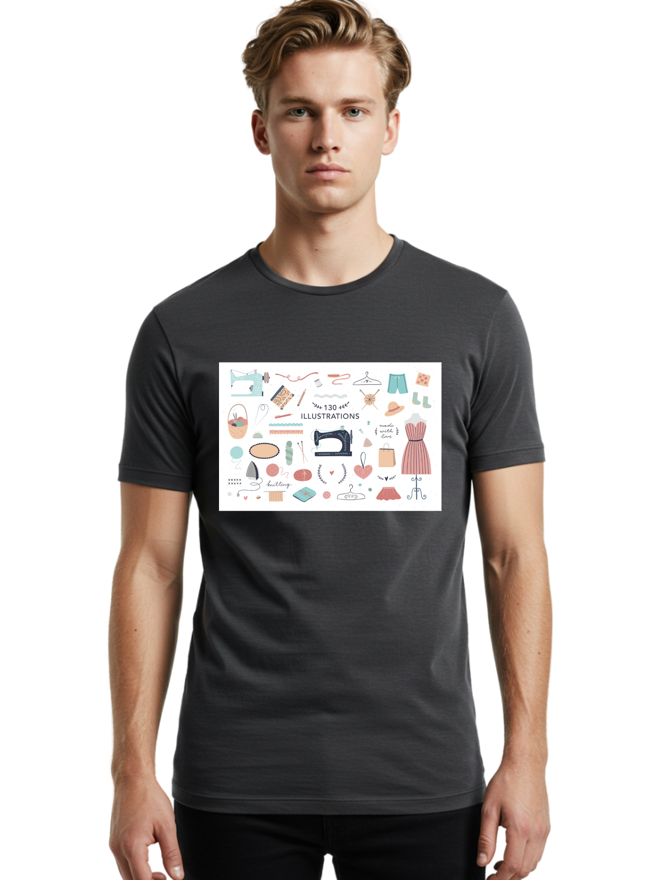 130-Illustrations Men'S Graphic Tee, 100% Cotton, Comfortable Casual Summer Wear, Machine Washable, Sewing Machine, Knitting Needles, Thread, Scissors, Clothes Hangers, Fashion Accessories, Diy Crafts, Handmade Clothing, 130 Illustrations, Aab997