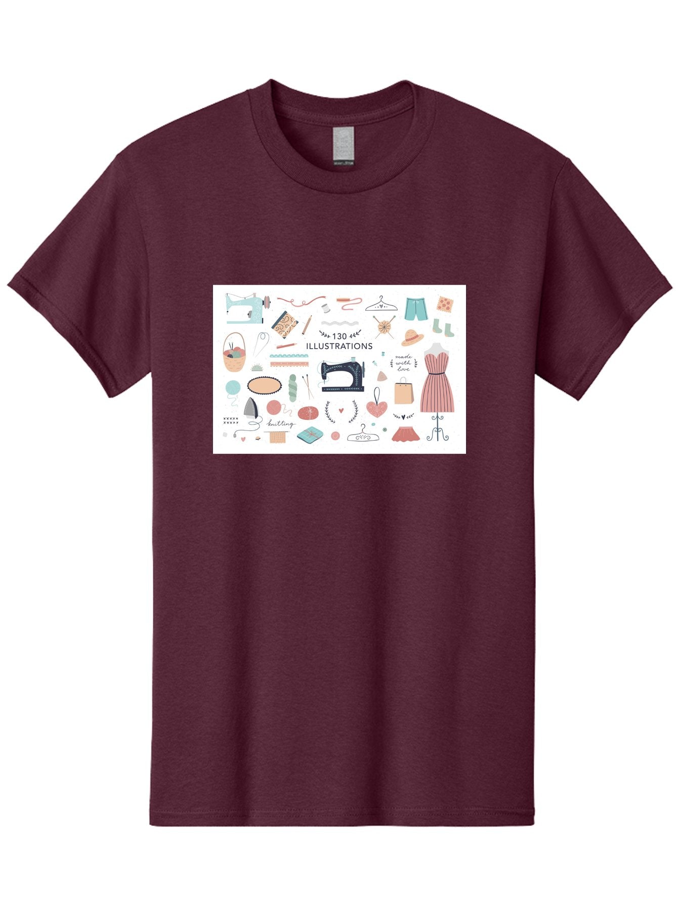 130-Illustrations Men'S Graphic Tee, 100% Cotton, Comfortable Casual Summer Wear, Machine Washable, Sewing Machine, Knitting Needles, Thread, Scissors, Clothes Hangers, Fashion Accessories, Diy Crafts, Handmade Clothing, 130 Illustrations, Aab997