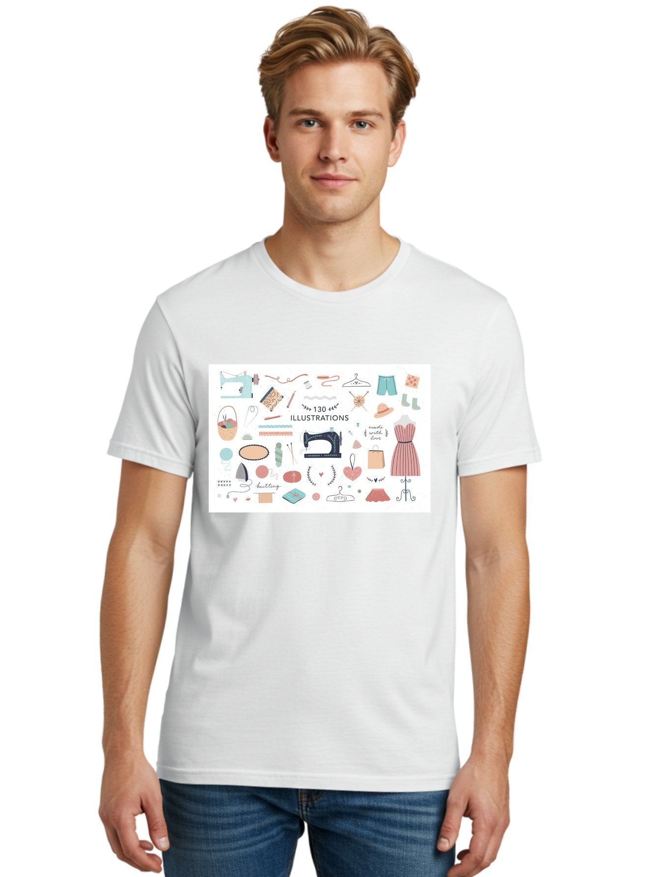 130-Illustrations Men'S Graphic Tee, 100% Cotton, Comfortable Casual Summer Wear, Machine Washable, Sewing Machine, Knitting Needles, Thread, Scissors, Clothes Hangers, Fashion Accessories, Diy Crafts, Handmade Clothing, 130 Illustrations, Aab997 23