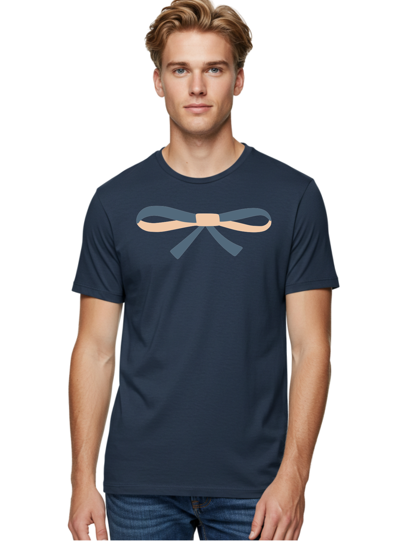 Blue-And-Beige-Bow Men'S Graphic Tee, 100% Cotton, Comfortable Casual Summer Wear, Machine Washable, Gift Wrapping, Decorative Ribbon, Bow Tie, Gift Decoration, Elegant Design, Stylish Presentation, Grey And Beige Ribbon Aac002 18
