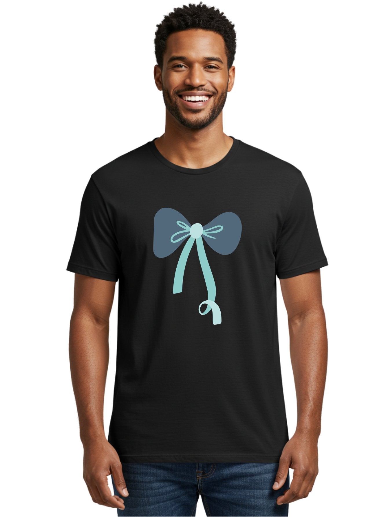 Bow-Ribbon Men'S Graphic Tee, 100% Cotton, Comfortable Casual Summer Wear, Machine Washable, Grey Bow, Blue Ribbon, Decorative Bow, Elegant Design, Stylish Accessory, Fashion Embellishment, Gift Wrapping, Party Decoration Aac004 21
