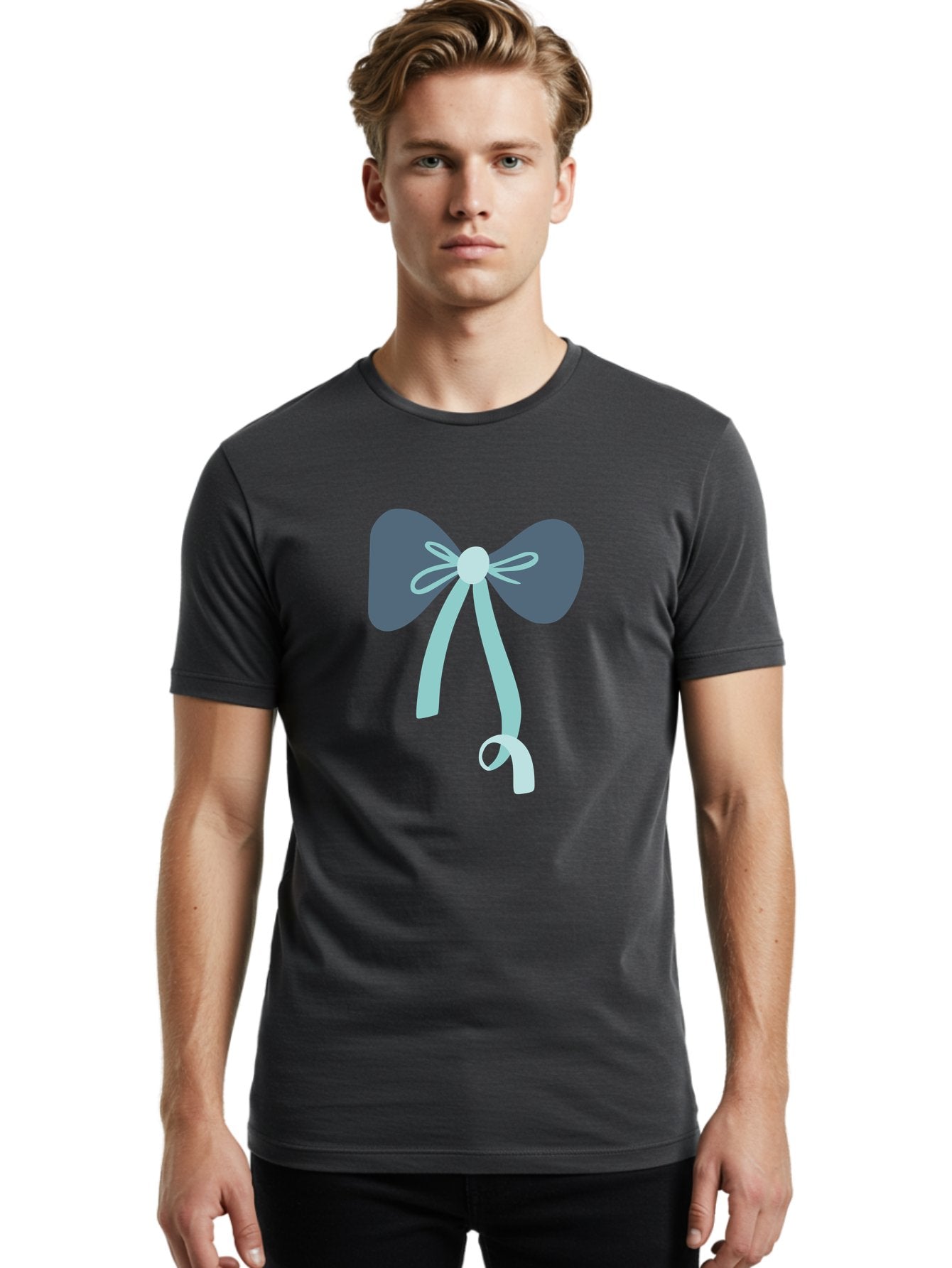 Bow-Ribbon Men'S Graphic Tee, 100% Cotton, Comfortable Casual Summer Wear, Machine Washable, Grey Bow, Blue Ribbon, Decorative Bow, Elegant Design, Stylish Accessory, Fashion Embellishment, Gift Wrapping, Party Decoration Aac004 25