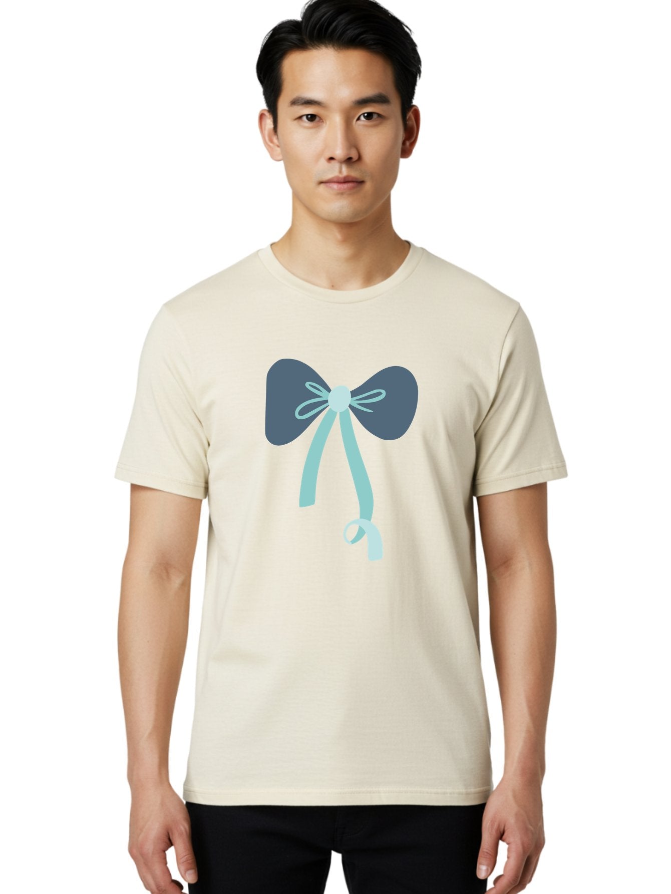 Bow-Ribbon Men'S Graphic Tee, 100% Cotton, Comfortable Casual Summer Wear, Machine Washable, Grey Bow, Blue Ribbon, Decorative Bow, Elegant Design, Stylish Accessory, Fashion Embellishment, Gift Wrapping, Party Decoration Aac004 17