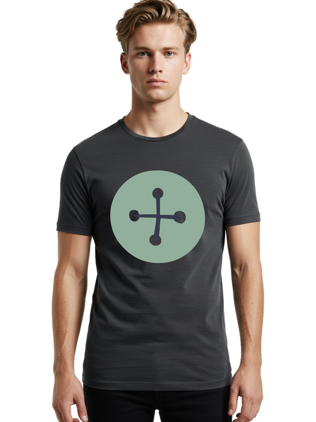 Button Men'S Graphic Tee, 100% Cotton, Comfortable Casual Summer Wear, Machine Washable, Dark Gray Plus Sign, Gray Circle, Green Dots, Simple Graphic, Minimalist Design, Geometric Shape, Abstract Art Aac005 29