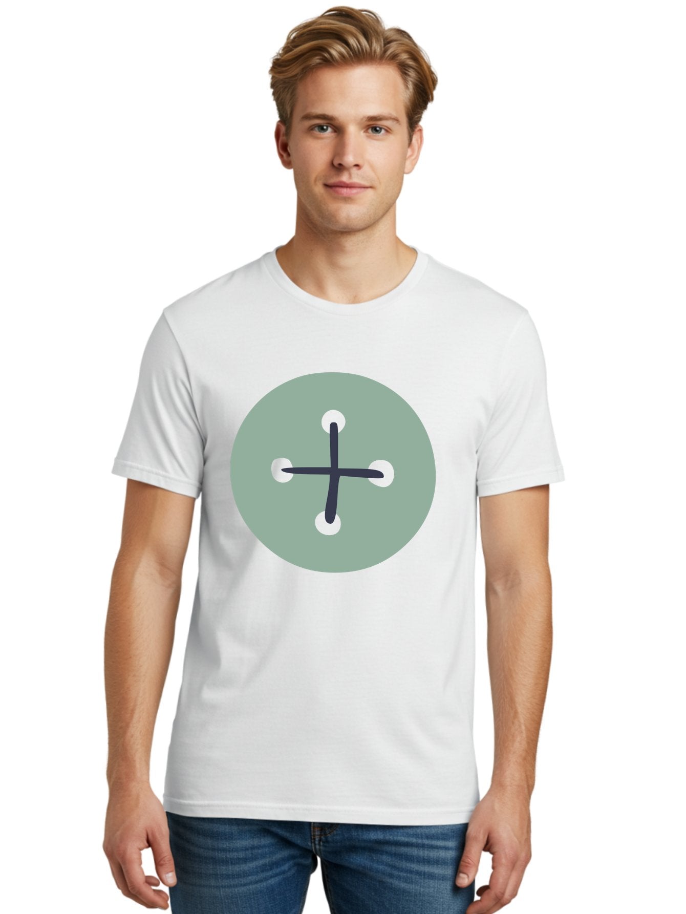 Button Men'S Graphic Tee, 100% Cotton, Comfortable Casual Summer Wear, Machine Washable, Dark Gray Plus Sign, Gray Circle, Green Dots, Simple Graphic, Minimalist Design, Geometric Shape, Abstract Art Aac005 24