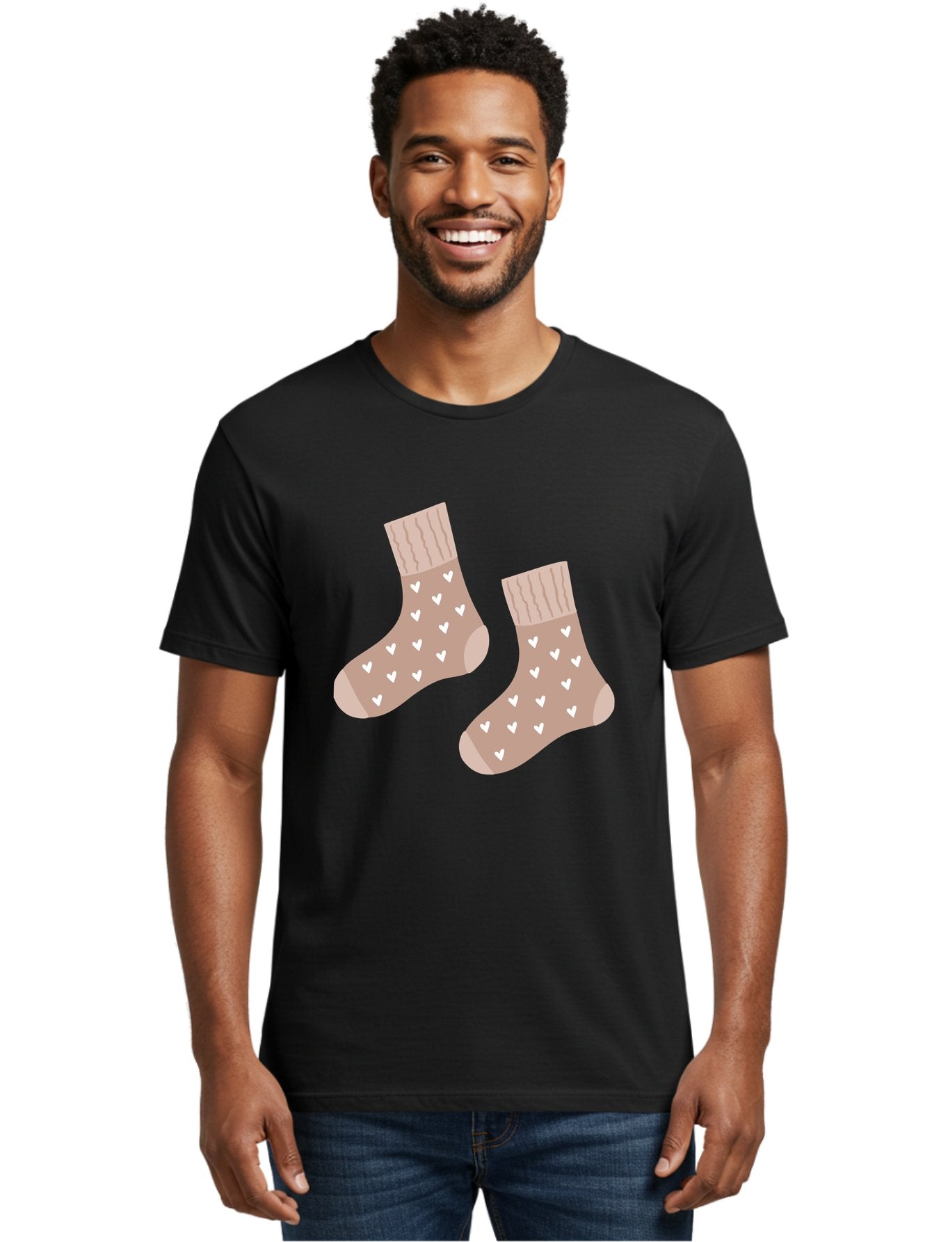 Cozy-Socks-With-Hearts Men'S Graphic Tee, 100% Cotton, Comfortable Casual Summer Wear, Machine Washable, Tan Socks, White Hearts, Cozy Footwear, Casual Fashion, Comfortable Socks, Heart Pattern, Soft Socks, Warm Socks, Everyday Wear, Aac009 20