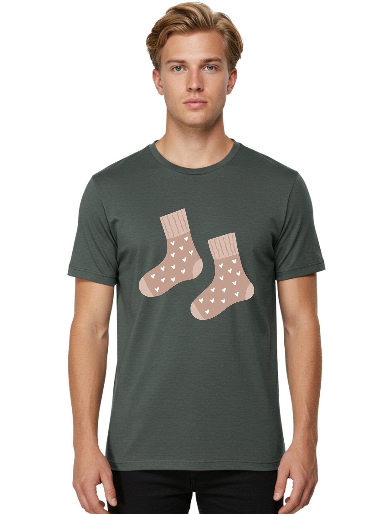 Cozy-Socks-With-Hearts Men'S Graphic Tee, 100% Cotton, Comfortable Casual Summer Wear, Machine Washable, Tan Socks, White Hearts, Cozy Footwear, Casual Fashion, Comfortable Socks, Heart Pattern, Soft Socks, Warm Socks, Everyday Wear, Aac009 23