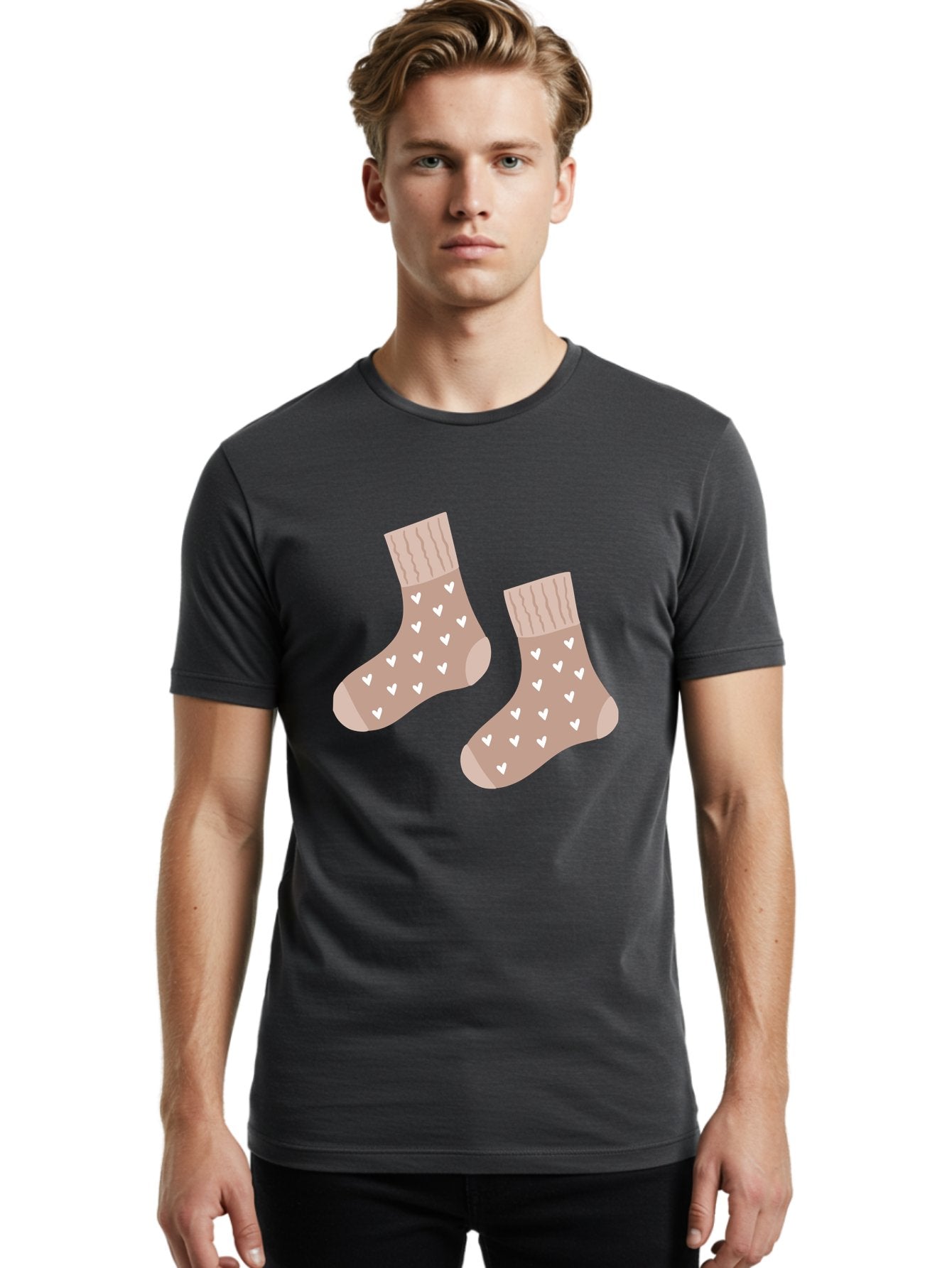 Cozy-Socks-With-Hearts Men'S Graphic Tee, 100% Cotton, Comfortable Casual Summer Wear, Machine Washable, Tan Socks, White Hearts, Cozy Footwear, Casual Fashion, Comfortable Socks, Heart Pattern, Soft Socks, Warm Socks, Everyday Wear, Aac009 21