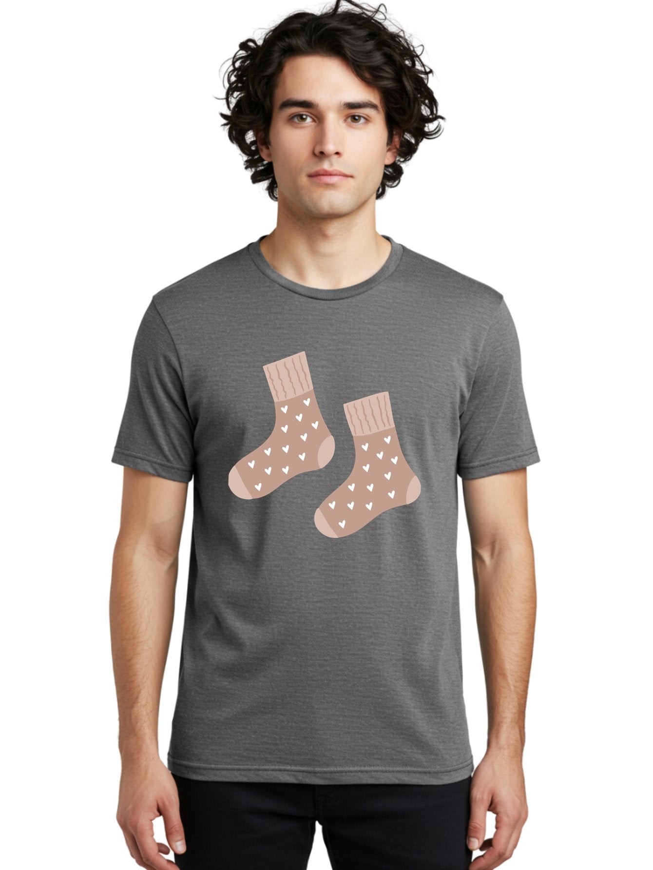 Cozy-Socks-With-Hearts Men'S Graphic Tee, 100% Cotton, Comfortable Casual Summer Wear, Machine Washable, Tan Socks, White Hearts, Cozy Footwear, Casual Fashion, Comfortable Socks, Heart Pattern, Soft Socks, Warm Socks, Everyday Wear, Aac009 17