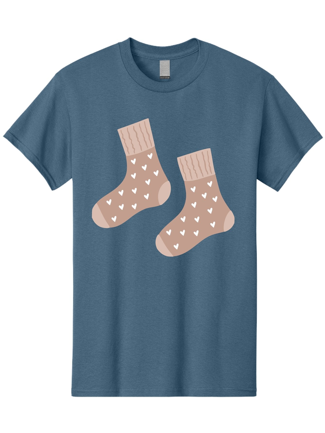 Cozy-Socks-With-Hearts Men'S Graphic Tee, 100% Cotton, Comfortable Casual Summer Wear, Machine Washable, Tan Socks, White Hearts, Cozy Footwear, Casual Fashion, Comfortable Socks, Heart Pattern, Soft Socks, Warm Socks, Everyday Wear, Aac009 12