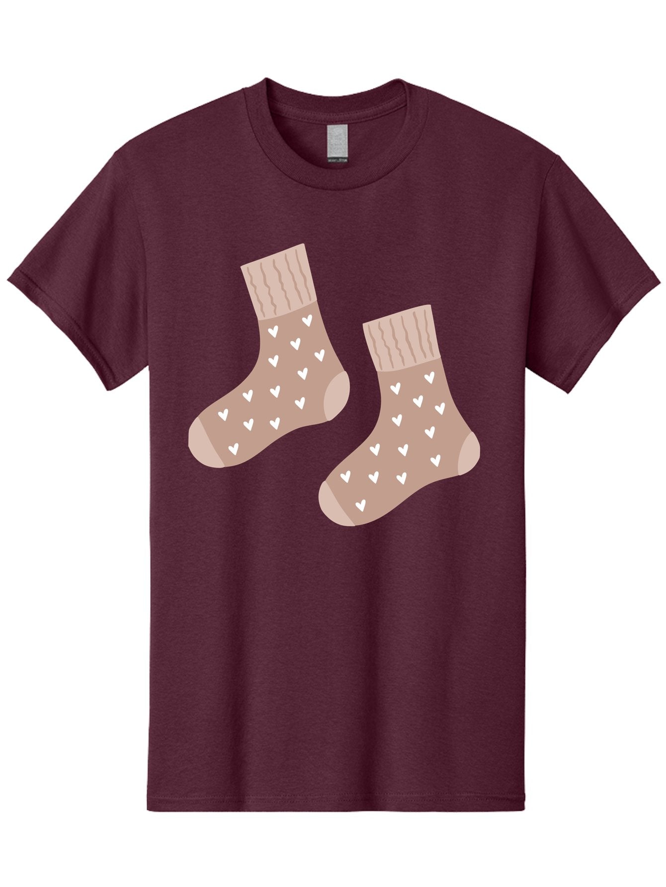 Cozy-Socks-With-Hearts Men'S Graphic Tee, 100% Cotton, Comfortable Casual Summer Wear, Machine Washable, Tan Socks, White Hearts, Cozy Footwear, Casual Fashion, Comfortable Socks, Heart Pattern, Soft Socks, Warm Socks, Everyday Wear, Aac009 11