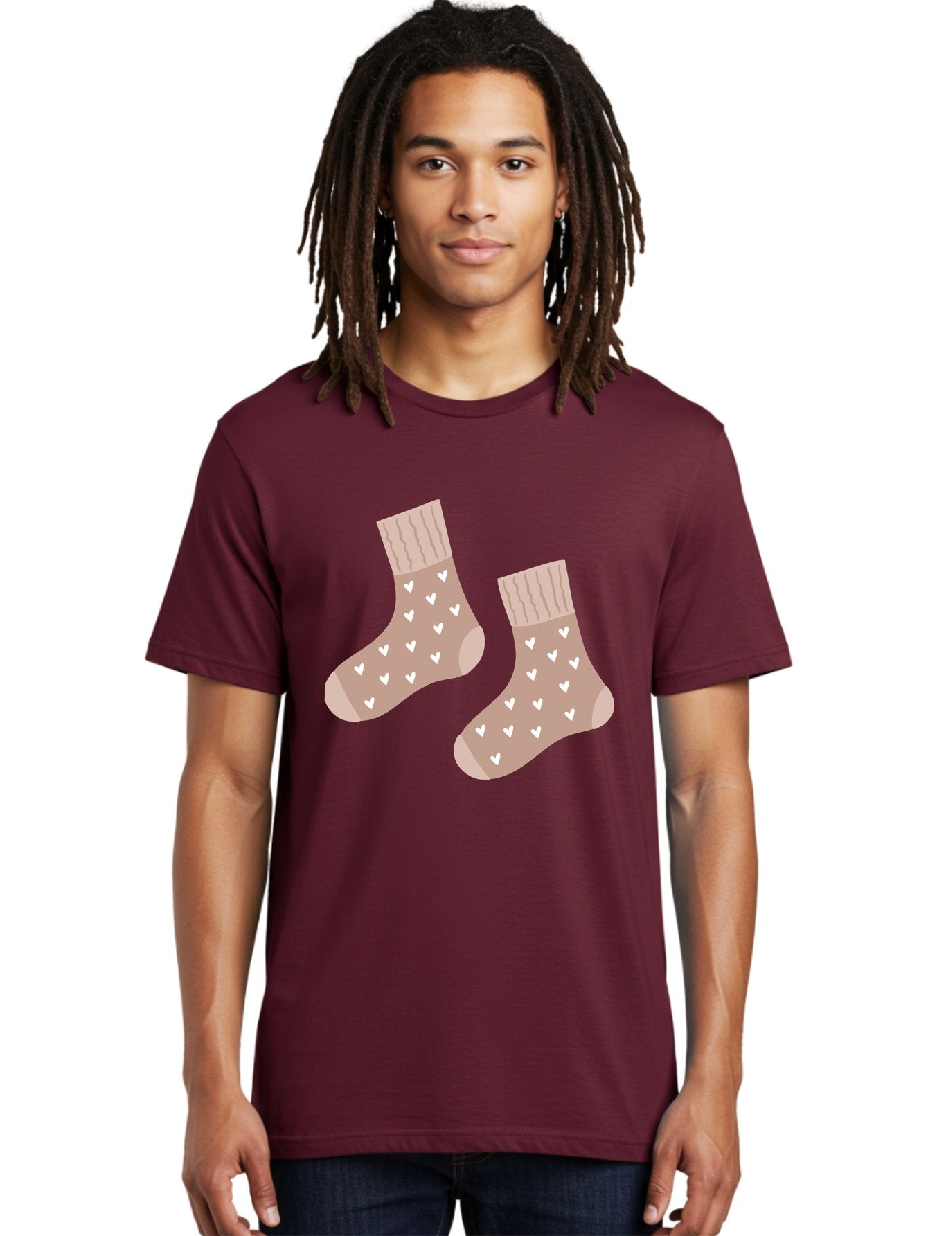 Cozy-Socks-With-Hearts Men'S Graphic Tee, 100% Cotton, Comfortable Casual Summer Wear, Machine Washable, Tan Socks, White Hearts, Cozy Footwear, Casual Fashion, Comfortable Socks, Heart Pattern, Soft Socks, Warm Socks, Everyday Wear, Aac009 27