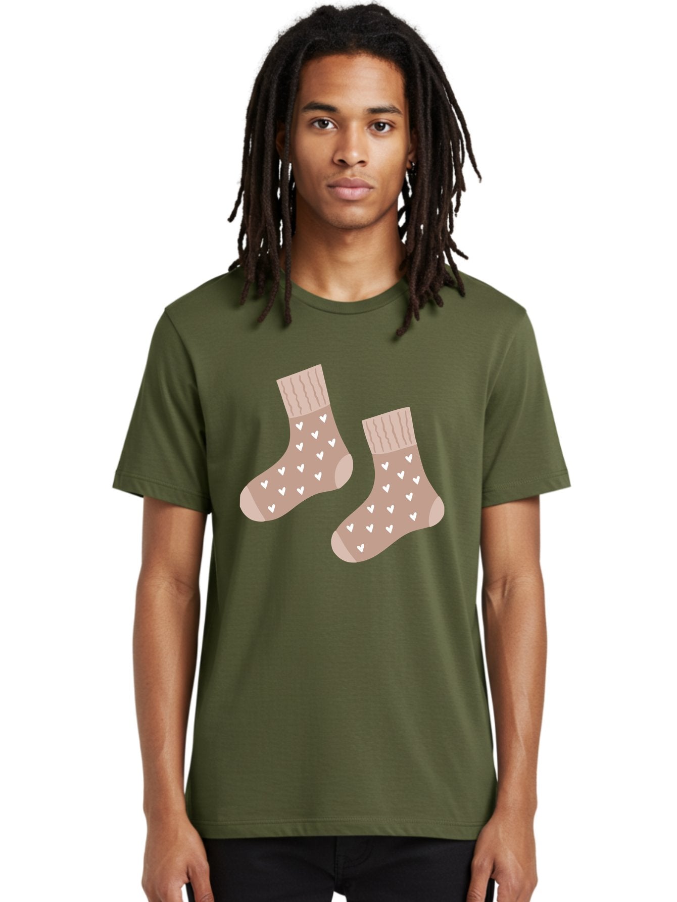 Cozy-Socks-With-Hearts Men'S Graphic Tee, 100% Cotton, Comfortable Casual Summer Wear, Machine Washable, Tan Socks, White Hearts, Cozy Footwear, Casual Fashion, Comfortable Socks, Heart Pattern, Soft Socks, Warm Socks, Everyday Wear, Aac009 25