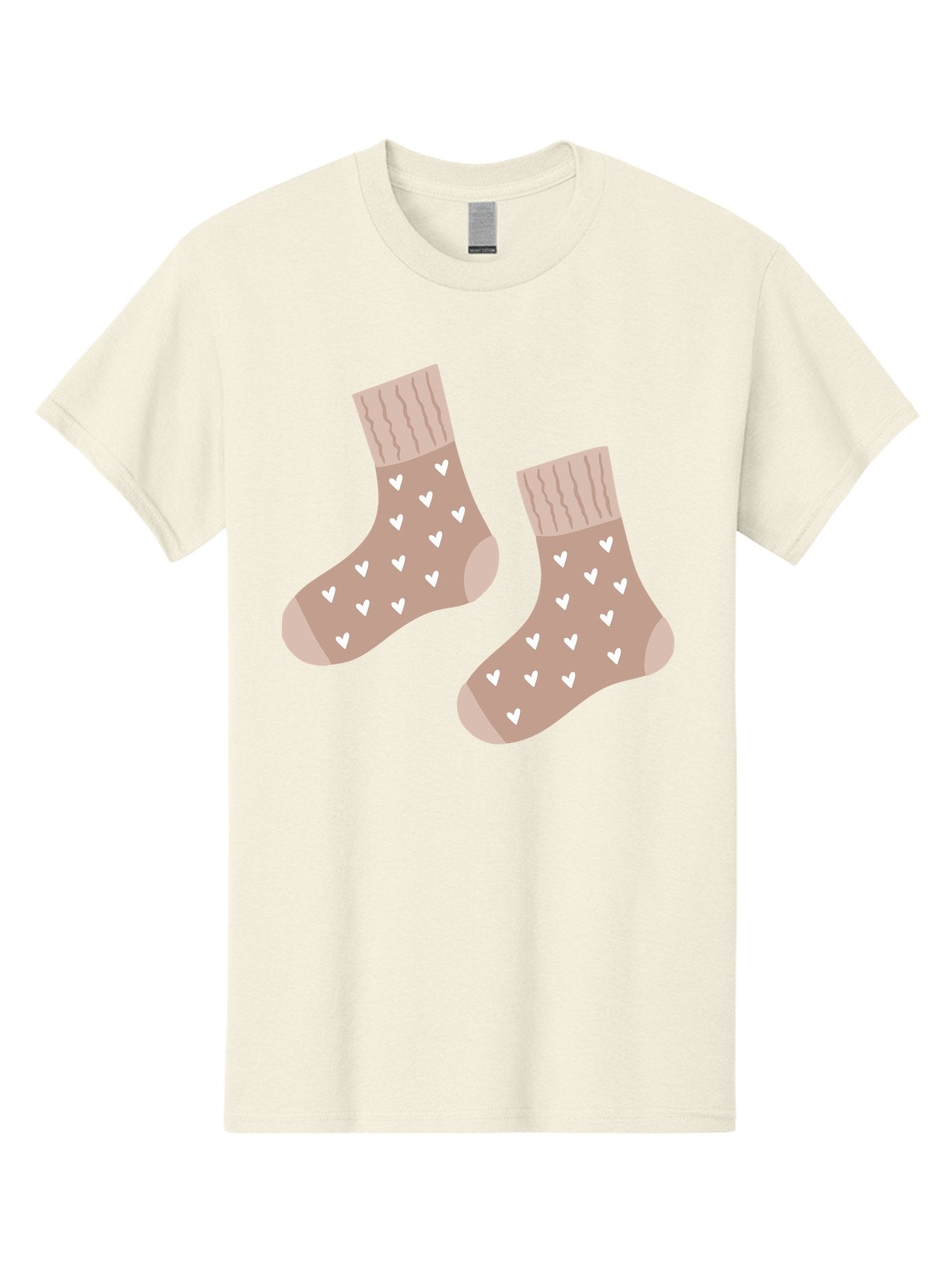 Cozy-Socks-With-Hearts Men'S Graphic Tee, 100% Cotton, Comfortable Casual Summer Wear, Machine Washable, Tan Socks, White Hearts, Cozy Footwear, Casual Fashion, Comfortable Socks, Heart Pattern, Soft Socks, Warm Socks, Everyday Wear, Aac009 3