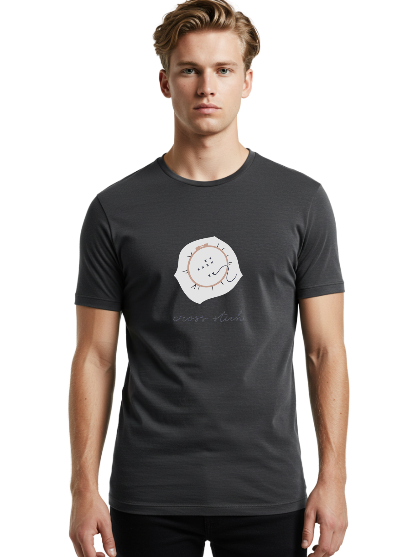 Cross-Stitch-1 Men'S Graphic Tee, 100% Cotton, Comfortable Casual Summer Wear, Machine Washable, Embroidery Hoop, Cross Stitch Pattern, Needlework Art, Hand-Stitched Design, Black Thread, Needle And Thread, Embroidery Inspiration, Aac010 26