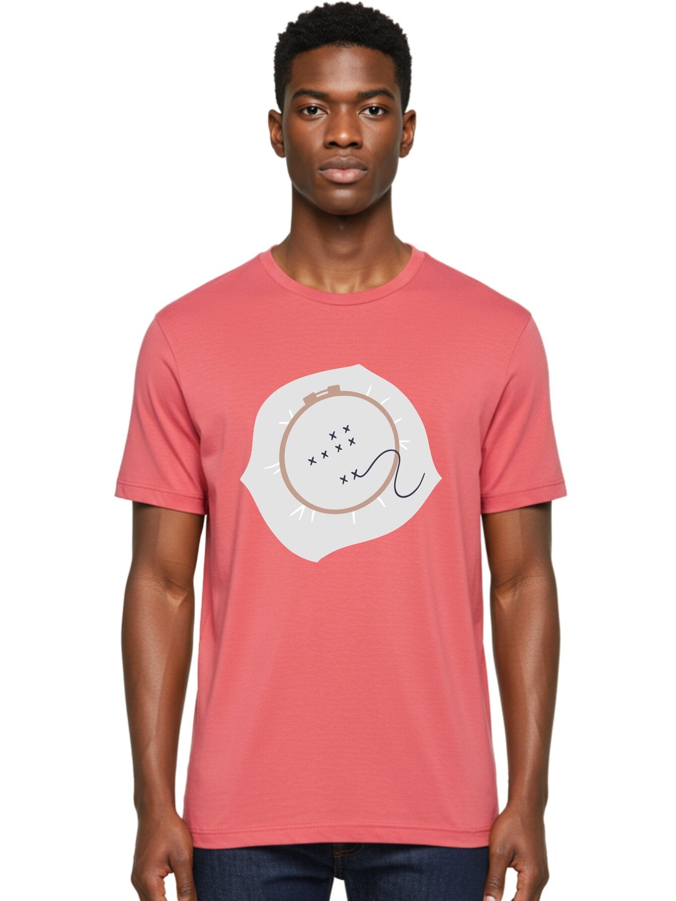 Embroidery-Hoop Men'S Graphic Tee, 100% Cotton, Comfortable Casual Summer Wear, Machine Washable, Embroidery Hoop, Stitching, Needlework, Sewing, Crafting, Diy Project, Handmade, Cross-Stitch Pattern, Thread, Fabric Art Aac027 21