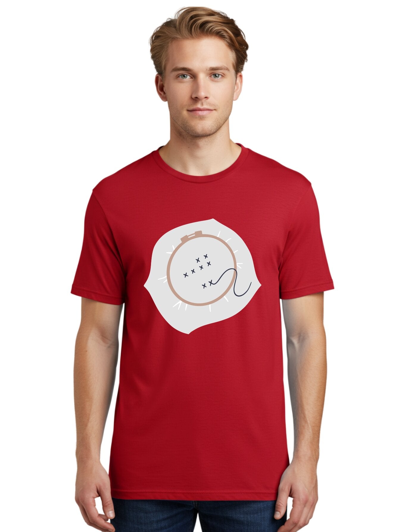 Embroidery-Hoop Men'S Graphic Tee, 100% Cotton, Comfortable Casual Summer Wear, Machine Washable, Embroidery Hoop, Stitching, Needlework, Sewing, Crafting, Diy Project, Handmade, Cross-Stitch Pattern, Thread, Fabric Art Aac027 28