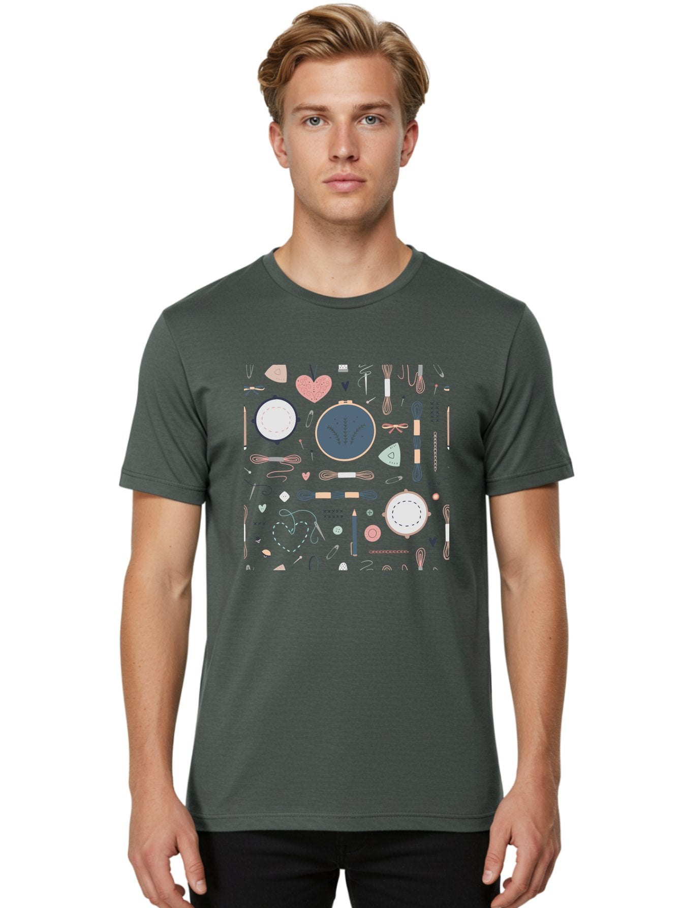 Embroidery-Hoops Men'S Graphic Tee, 100% Cotton, Comfortable Casual Summer Wear, Machine Washable, Sewing Accessories, Crafting Supplies, Thread, Needle, Scissors, Embroidery Hoops, Hearts, Pastel Colors, Stitching, Diy, Handmade, Crafting, Aac028 20