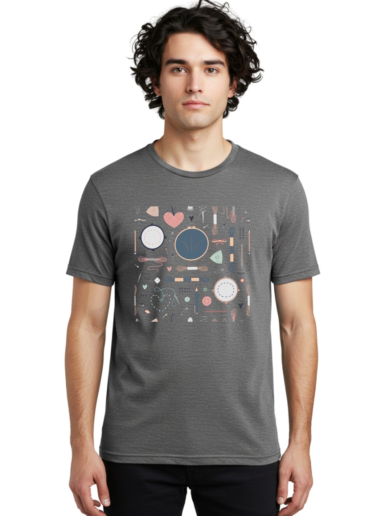Embroidery-Hoops Men'S Graphic Tee, 100% Cotton, Comfortable Casual Summer Wear, Machine Washable, Sewing Accessories, Crafting Supplies, Thread, Needle, Scissors, Embroidery Hoops, Hearts, Pastel Colors, Stitching, Diy, Handmade, Crafting, Aac028 29