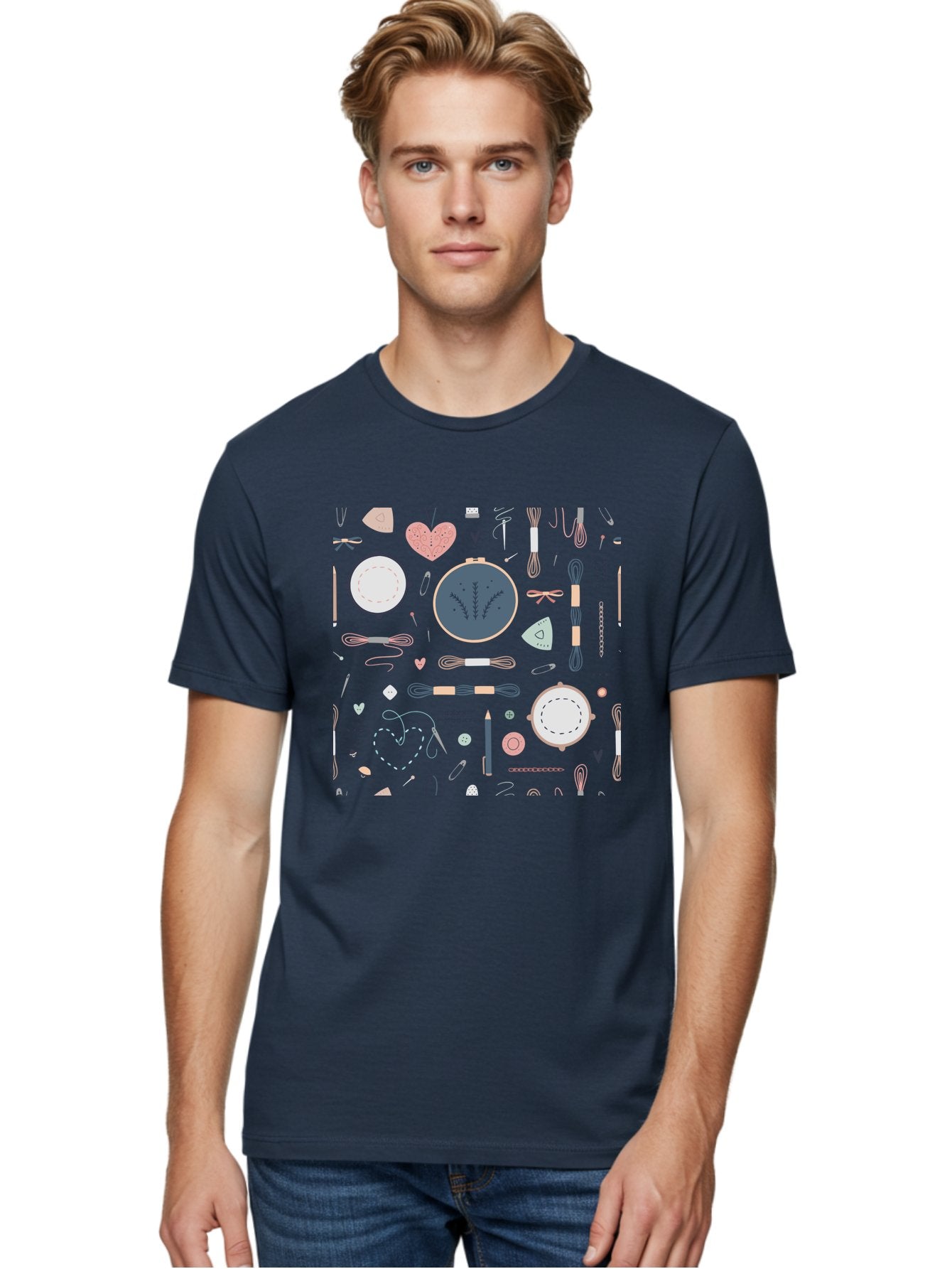 Embroidery-Hoops Men'S Graphic Tee, 100% Cotton, Comfortable Casual Summer Wear, Machine Washable, Sewing Accessories, Crafting Supplies, Thread, Needle, Scissors, Embroidery Hoops, Hearts, Pastel Colors, Stitching, Diy, Handmade, Crafting, Aac028 25