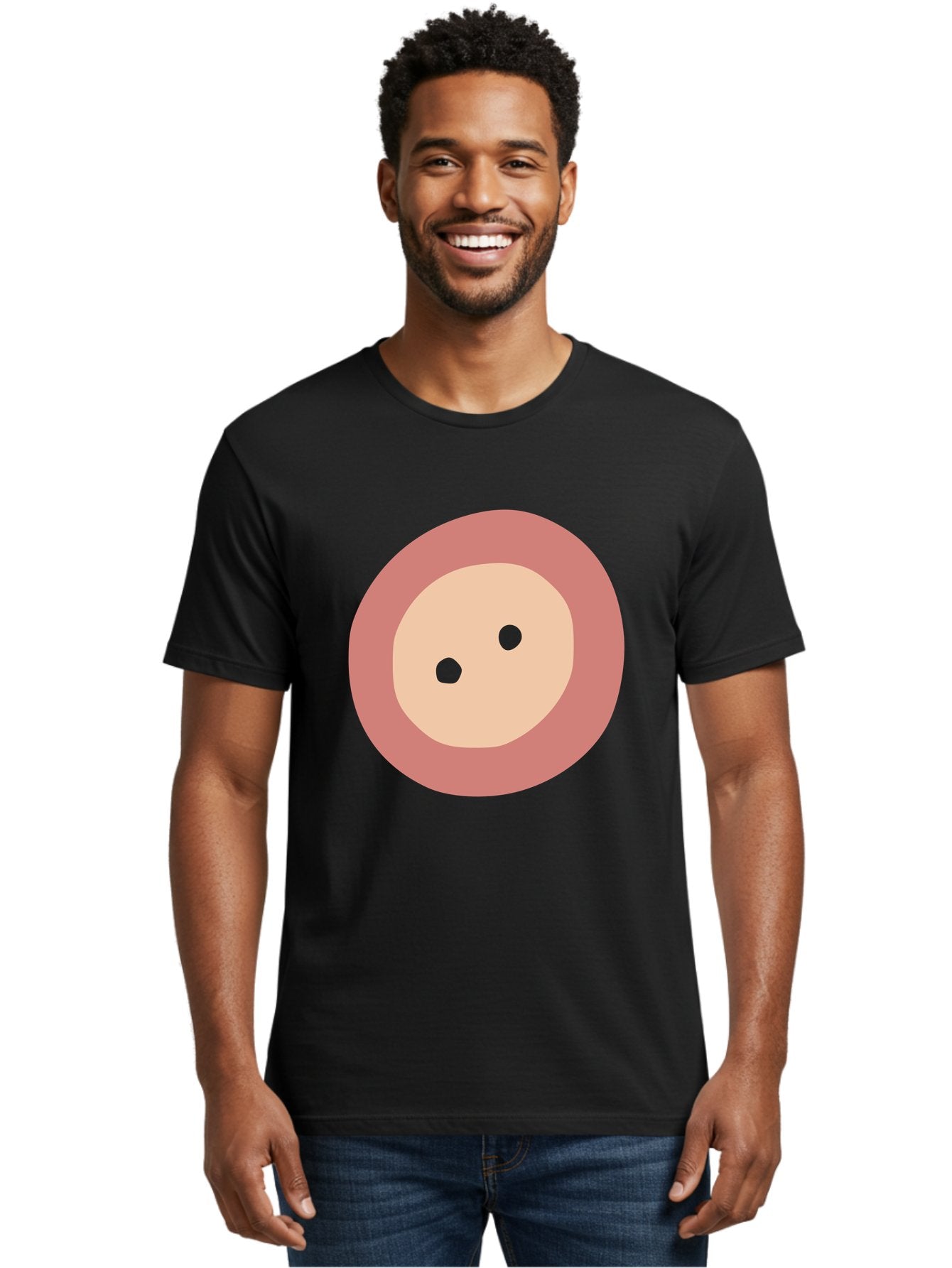 Face-With-Green-Eyes Men'S Graphic Tee, 100% Cotton, Comfortable Casual Summer Wear, Machine Washable, Simple Face, Green Eyes, Beige Skin, Pink Circle, Cartoon Character, Minimalist Design, Abstract Art, Digital Illustration Aac030 25