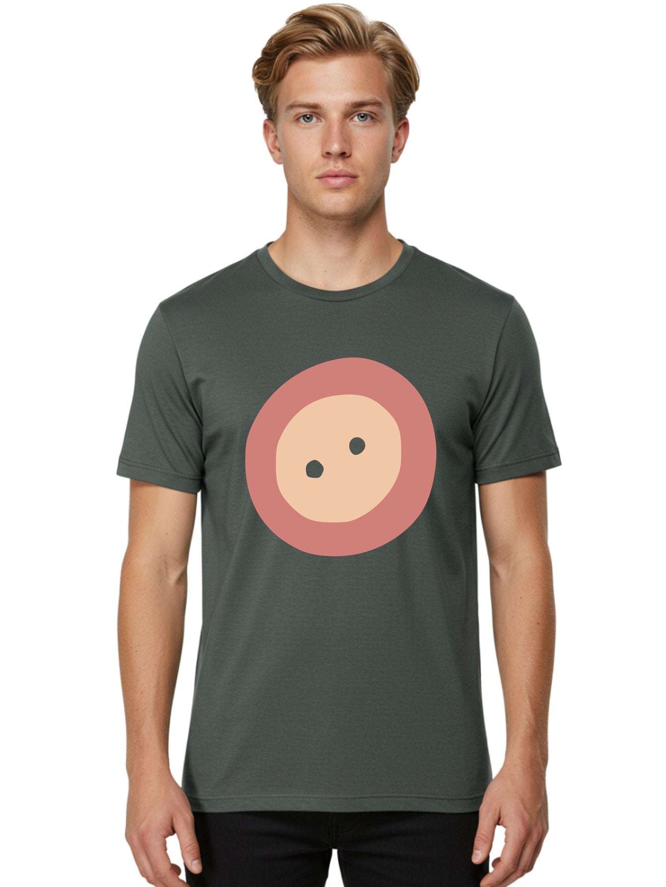 Face-With-Green-Eyes Men'S Graphic Tee, 100% Cotton, Comfortable Casual Summer Wear, Machine Washable, Simple Face, Green Eyes, Beige Skin, Pink Circle, Cartoon Character, Minimalist Design, Abstract Art, Digital Illustration Aac030 22