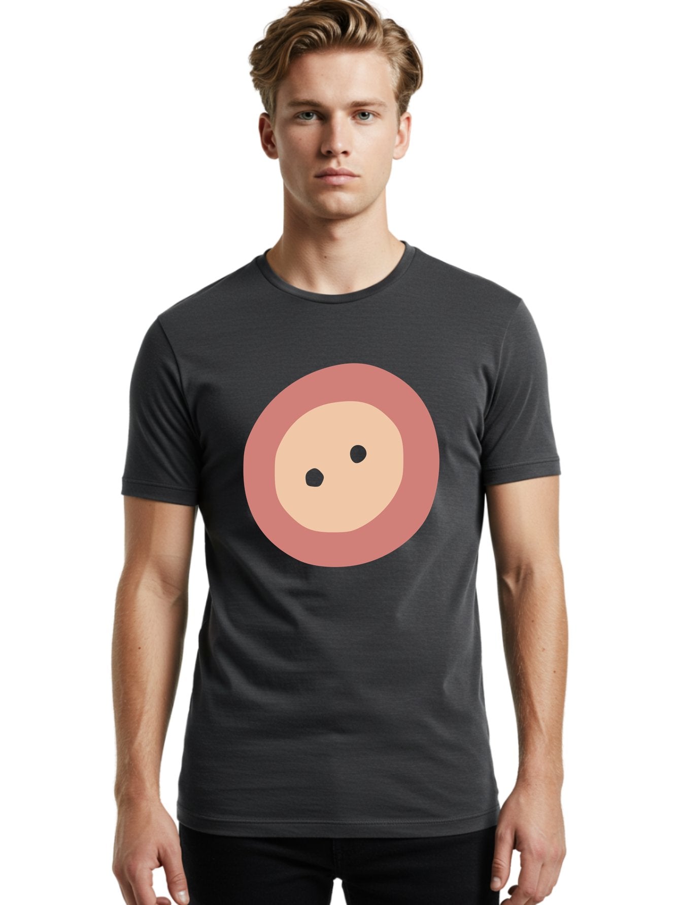 Face-With-Green-Eyes Men'S Graphic Tee, 100% Cotton, Comfortable Casual Summer Wear, Machine Washable, Simple Face, Green Eyes, Beige Skin, Pink Circle, Cartoon Character, Minimalist Design, Abstract Art, Digital Illustration Aac030 27