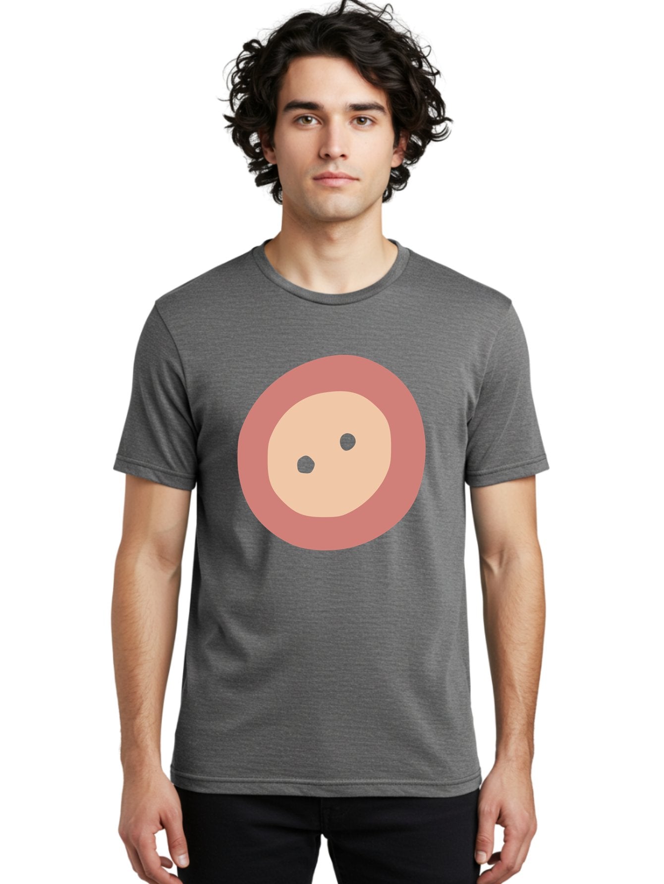 Face-With-Green-Eyes Men'S Graphic Tee, 100% Cotton, Comfortable Casual Summer Wear, Machine Washable, Simple Face, Green Eyes, Beige Skin, Pink Circle, Cartoon Character, Minimalist Design, Abstract Art, Digital Illustration Aac030 26