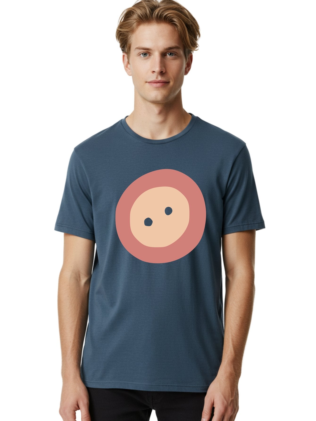 Face-With-Green-Eyes Men'S Graphic Tee, 100% Cotton, Comfortable Casual Summer Wear, Machine Washable, Simple Face, Green Eyes, Beige Skin, Pink Circle, Cartoon Character, Minimalist Design, Abstract Art, Digital Illustration Aac030 28