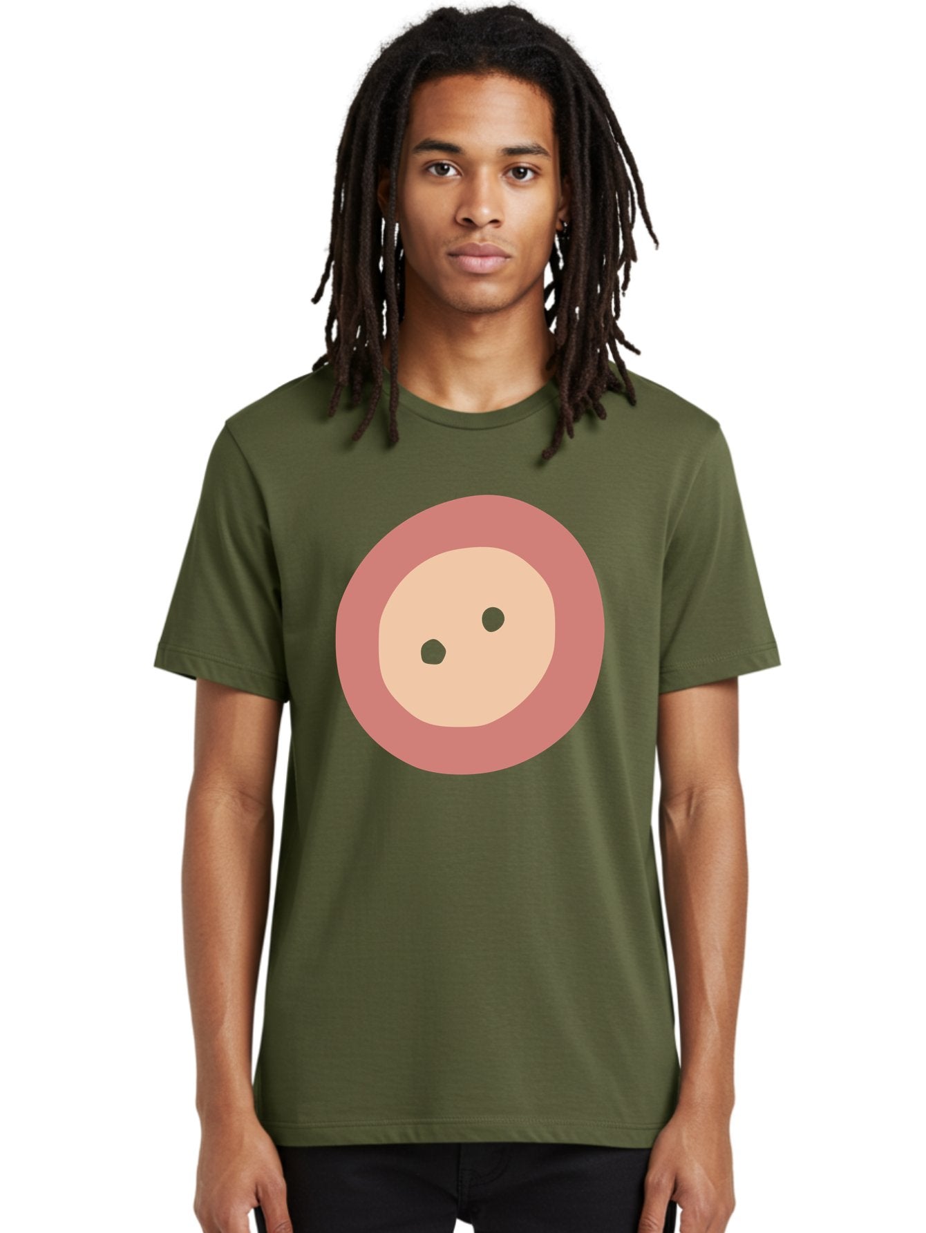 Face-With-Green-Eyes Men'S Graphic Tee, 100% Cotton, Comfortable Casual Summer Wear, Machine Washable, Simple Face, Green Eyes, Beige Skin, Pink Circle, Cartoon Character, Minimalist Design, Abstract Art, Digital Illustration Aac030 23