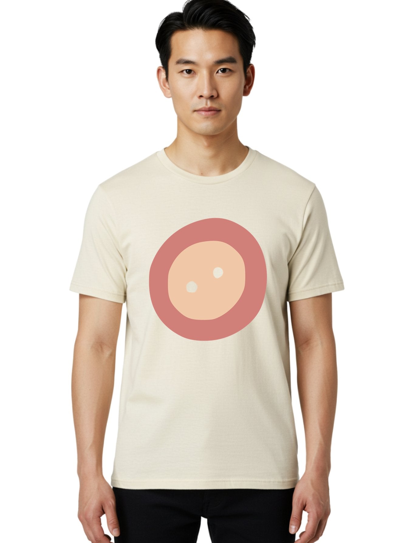 Face-With-Green-Eyes Men'S Graphic Tee, 100% Cotton, Comfortable Casual Summer Wear, Machine Washable, Simple Face, Green Eyes, Beige Skin, Pink Circle, Cartoon Character, Minimalist Design, Abstract Art, Digital Illustration Aac030 29