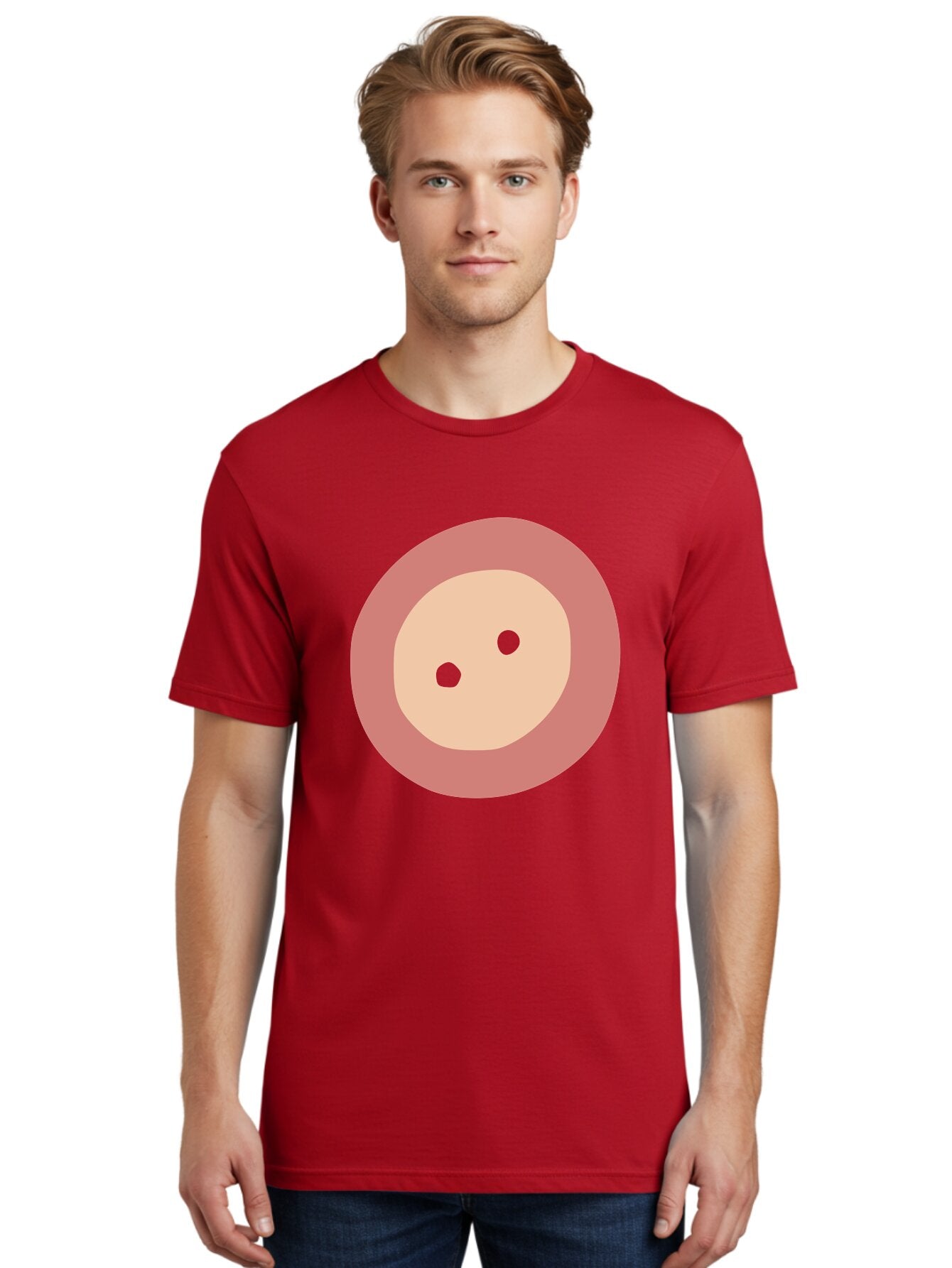 Face-With-Green-Eyes Men'S Graphic Tee, 100% Cotton, Comfortable Casual Summer Wear, Machine Washable, Simple Face, Green Eyes, Beige Skin, Pink Circle, Cartoon Character, Minimalist Design, Abstract Art, Digital Illustration Aac030 21