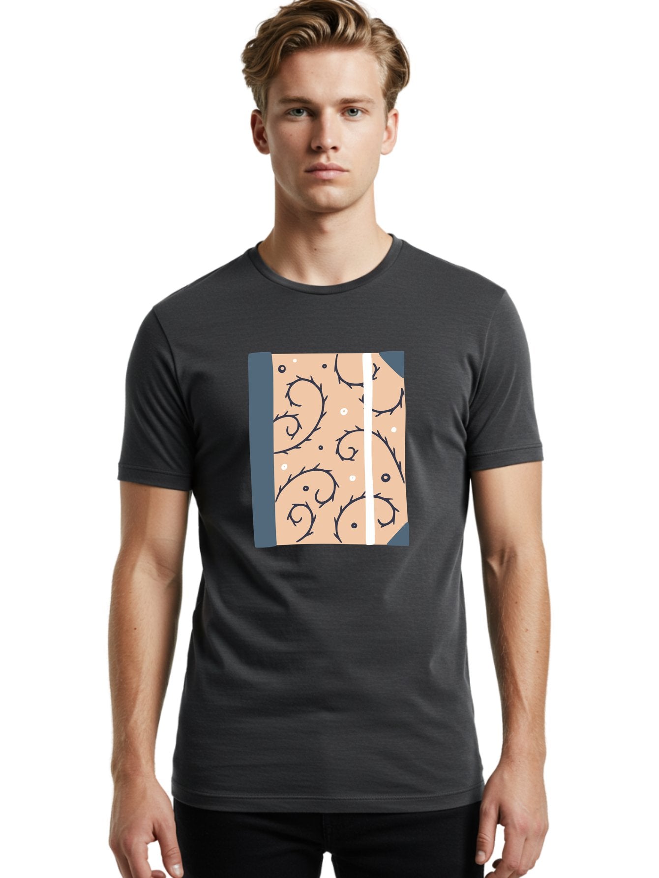 Fish-Pattern-Book Men'S Graphic Tee, 100% Cotton, Comfortable Casual Summer Wear, Machine Washable, Notebook, Journal, Fish Pattern, Peach Background, Blue Binding, Creative Design, Stationery, School Supplies, Organization Tools, Writing Pad, Aac032 26