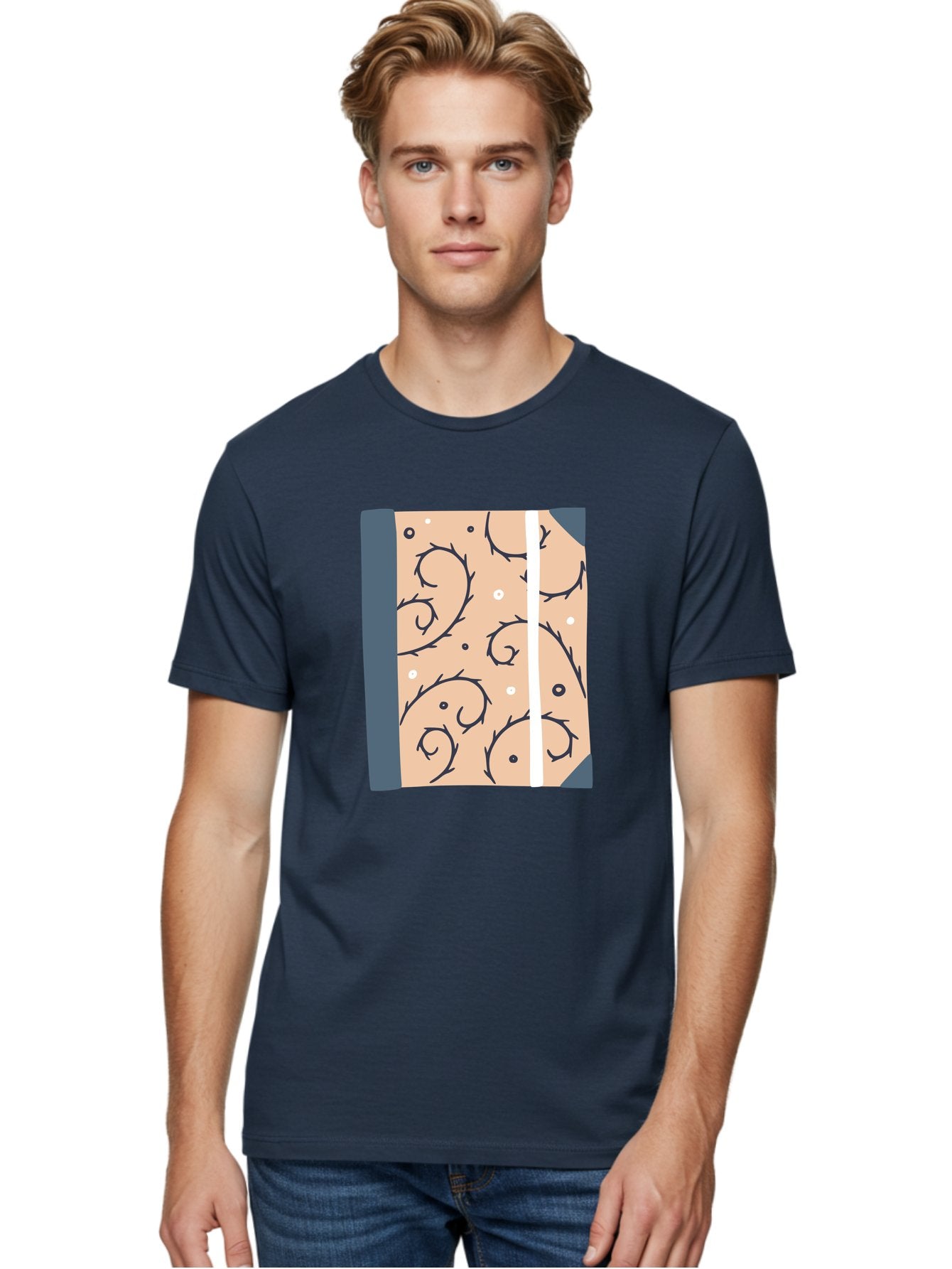 Fish-Pattern-Book Men'S Graphic Tee, 100% Cotton, Comfortable Casual Summer Wear, Machine Washable, Notebook, Journal, Fish Pattern, Peach Background, Blue Binding, Creative Design, Stationery, School Supplies, Organization Tools, Writing Pad, Aac032 19