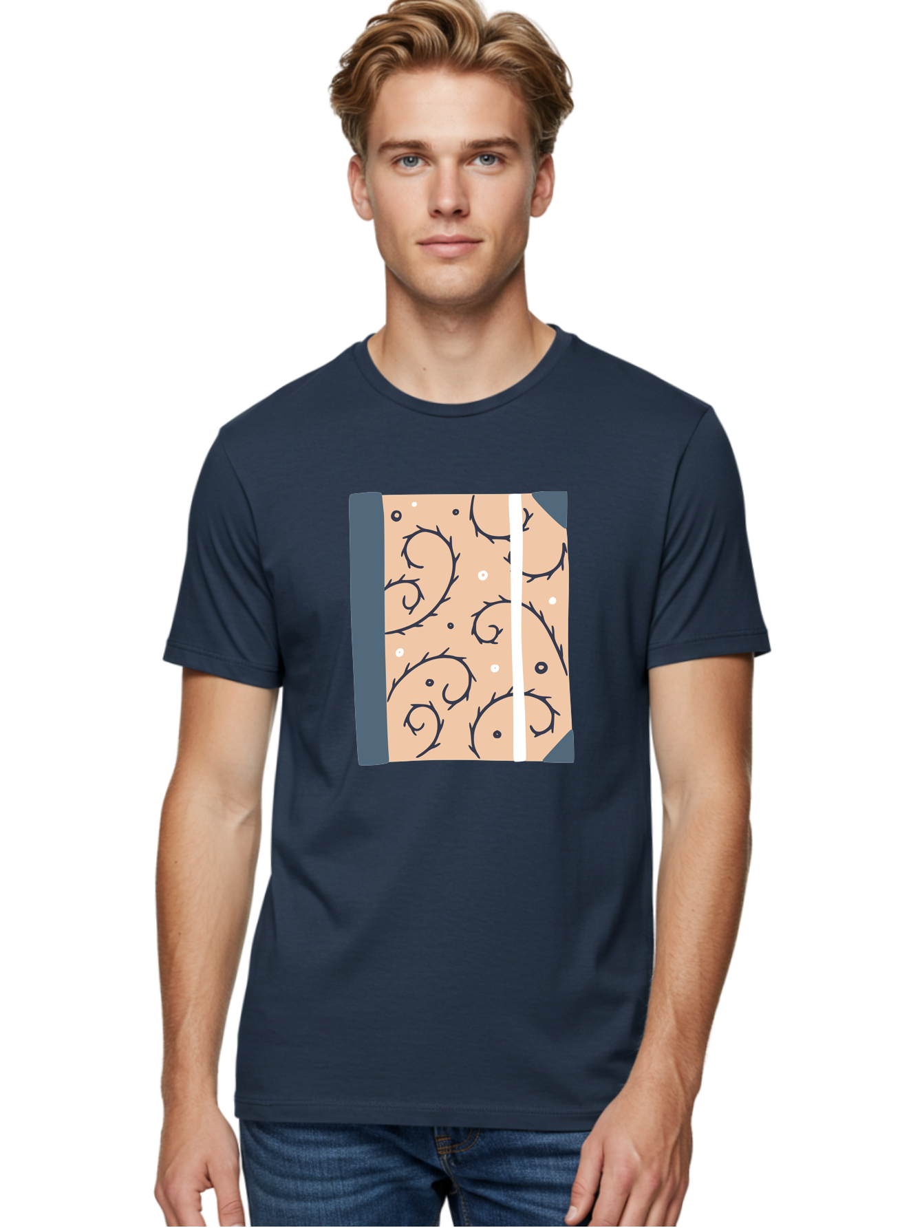 Fish-Pattern-Book Men'S Graphic Tee, 100% Cotton, Comfortable Casual Summer Wear, Machine Washable, Notebook, Journal, Fish Pattern, Peach Background, Blue Binding, Creative Design, Stationery, School Supplies, Organization Tools, Writing Pad, Aac032 22