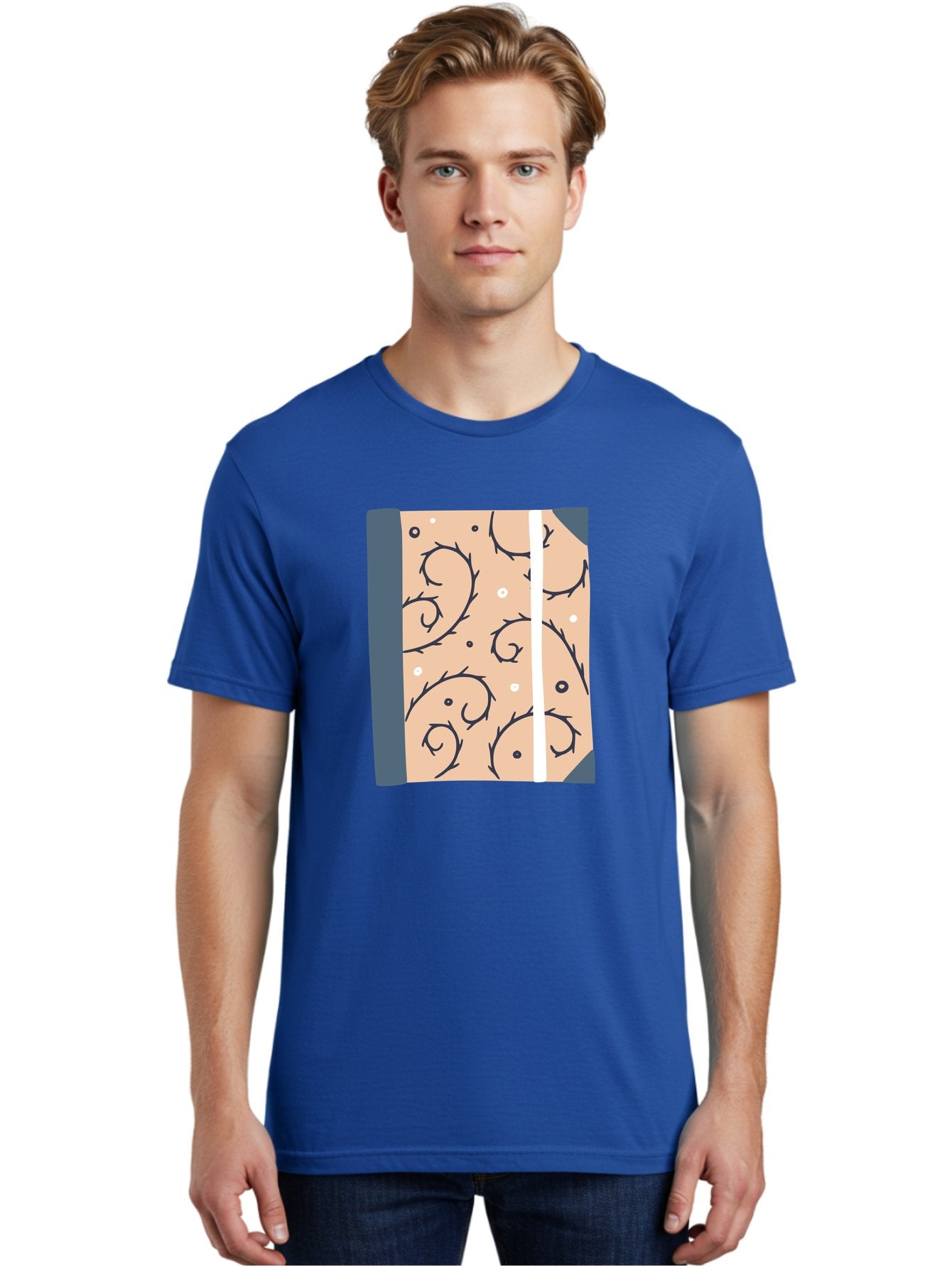 Fish-Pattern-Book Men'S Graphic Tee, 100% Cotton, Comfortable Casual Summer Wear, Machine Washable, Notebook, Journal, Fish Pattern, Peach Background, Blue Binding, Creative Design, Stationery, School Supplies, Organization Tools, Writing Pad, Aac032 30