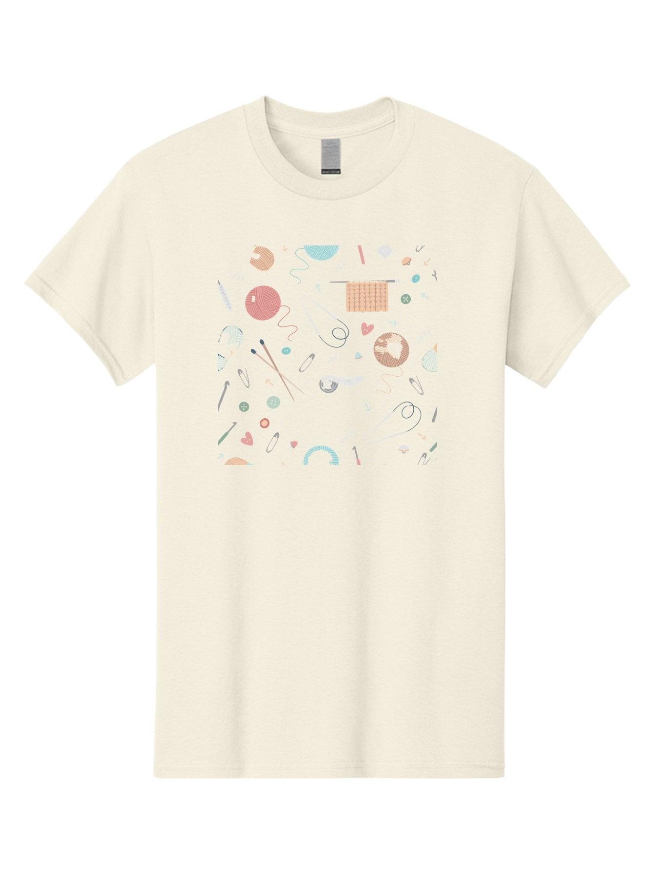 Knit-Pattern Men'S Graphic Tee, 100% Cotton, Comfortable Casual Summer Wear, Machine Washable, Knitting Accessories, Yarn Balls, Knitting Needles, Sewing Buttons, Knitted Fabric, Craft Supplies, Pastel Colors, Dark Blue Background, Aac049 7