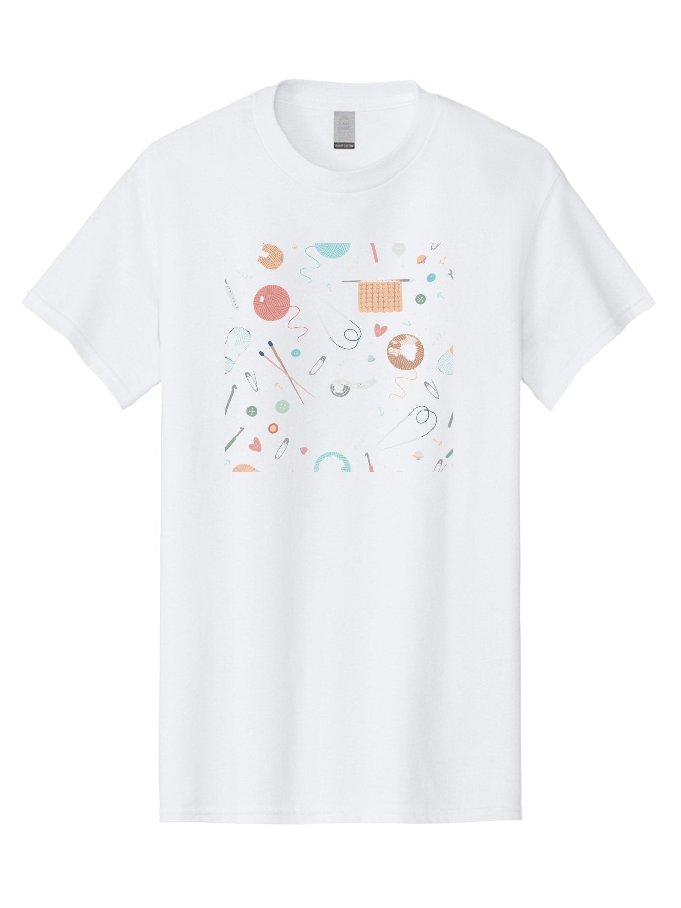 Knit-Pattern Men'S Graphic Tee, 100% Cotton, Comfortable Casual Summer Wear, Machine Washable, Knitting Accessories, Yarn Balls, Knitting Needles, Sewing Buttons, Knitted Fabric, Craft Supplies, Pastel Colors, Dark Blue Background, Aac049