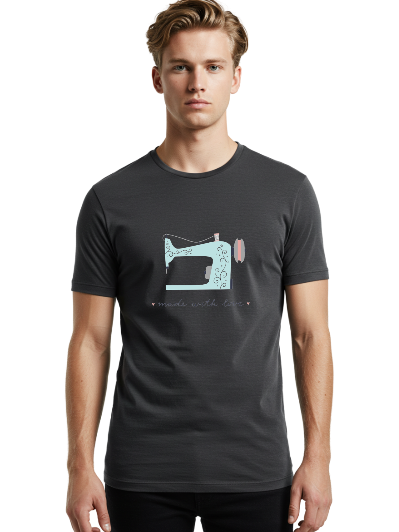 Made-With-Love-1 Men'S Graphic Tee, 100% Cotton, Comfortable Casual Summer Wear, Machine Washable, Vintage Sewing Machine, Handmade With Love, Sewing, Embroidery, Craft, Diy, Tailoring, Fashion Design Aac054 22
