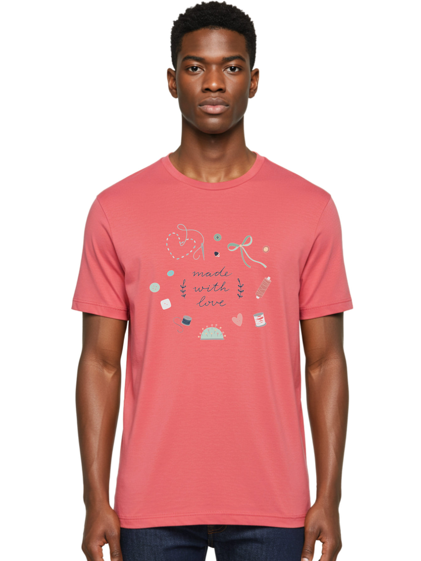 Made-With-Love-2 Men'S Graphic Tee, 100% Cotton, Comfortable Casual Summer Wear, Machine Washable, Sewing, Crafting, Handmade, Needlework, Sewing Accessories, Thread, Buttons, Bobbins, Scissors, Heart, Diy, Handcrafted, Embroidery, Aac055 24