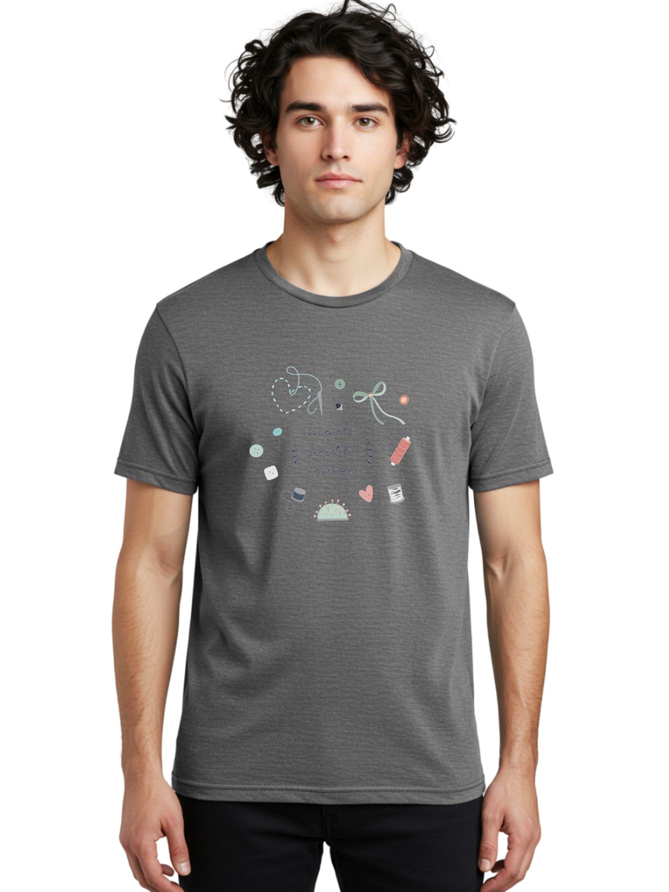 Made-With-Love-2 Men'S Graphic Tee, 100% Cotton, Comfortable Casual Summer Wear, Machine Washable, Sewing, Crafting, Handmade, Needlework, Sewing Accessories, Thread, Buttons, Bobbins, Scissors, Heart, Diy, Handcrafted, Embroidery, Aac055 22