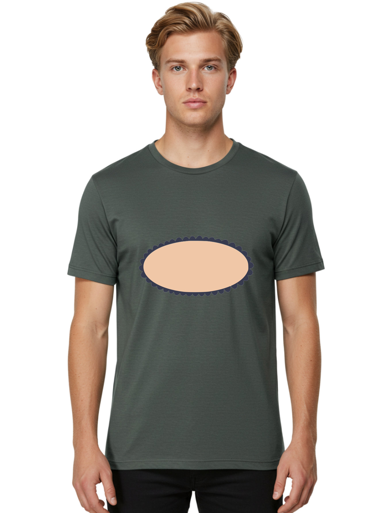 Oval-Badge Men'S Graphic Tee, 100% Cotton, Comfortable Casual Summer Wear, Machine Washable, Oval Shape, Decorative Frame, Beige And Black, Ornate Design, Blank Space, Graphic Element, Simple Illustration, Elegant Border Aac062 30