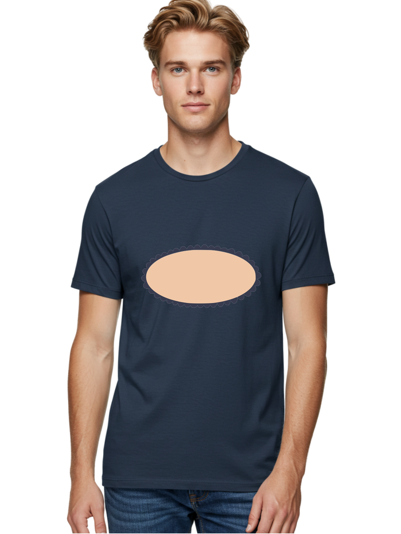 Oval-Badge Men'S Graphic Tee, 100% Cotton, Comfortable Casual Summer Wear, Machine Washable, Oval Shape, Decorative Frame, Beige And Black, Ornate Design, Blank Space, Graphic Element, Simple Illustration, Elegant Border Aac062 24