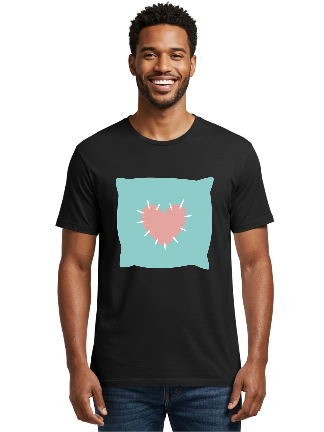 Pillow-With-Heart Men'S Graphic Tee, 100% Cotton, Comfortable Casual Summer Wear, Machine Washable, Pink Heart, Throw Pillow, Teal Background, White Accents, Home Decor, Love Symbol, Decorative Pillow, Heart Design, Cozy Atmosphere, Aac068 12