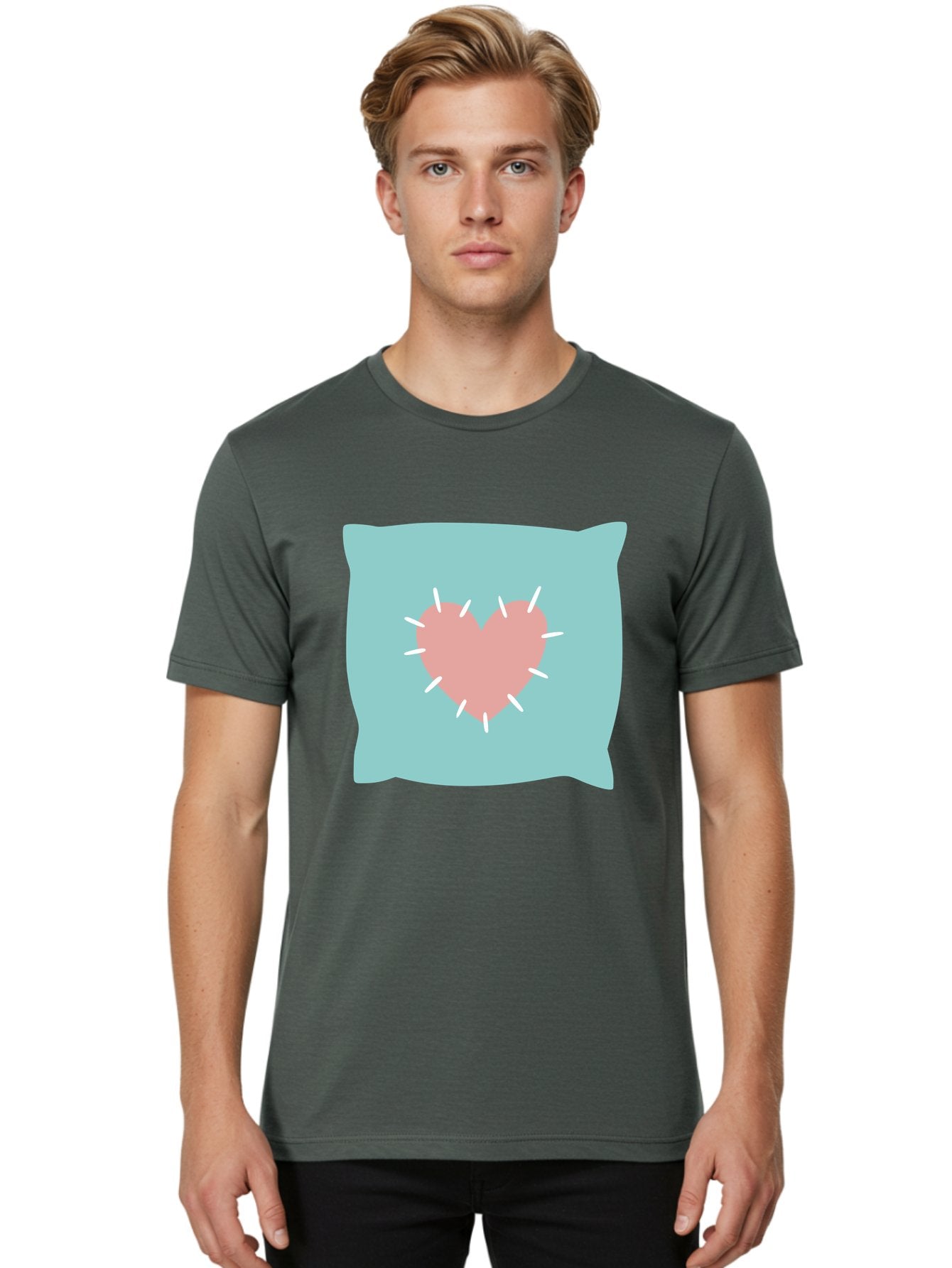 Pillow-With-Heart Men'S Graphic Tee, 100% Cotton, Comfortable Casual Summer Wear, Machine Washable, Pink Heart, Throw Pillow, Teal Background, White Accents, Home Decor, Love Symbol, Decorative Pillow, Heart Design, Cozy Atmosphere, Aac068 28