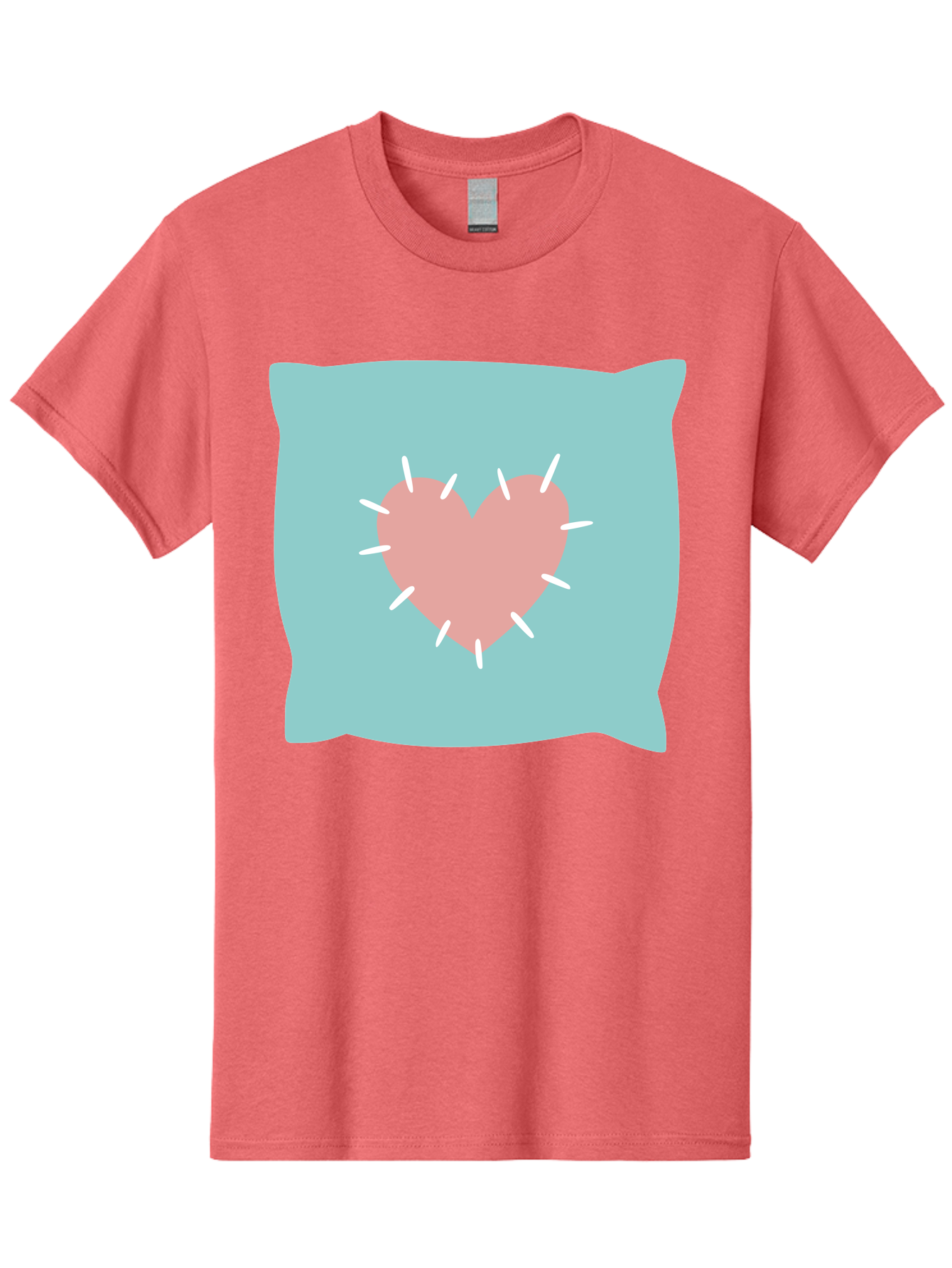 Pillow-With-Heart Men'S Graphic Tee, 100% Cotton, Comfortable Casual Summer Wear, Machine Washable, Pink Heart, Throw Pillow, Teal Background, White Accents, Home Decor, Love Symbol, Decorative Pillow, Heart Design, Cozy Atmosphere, Aac068 23