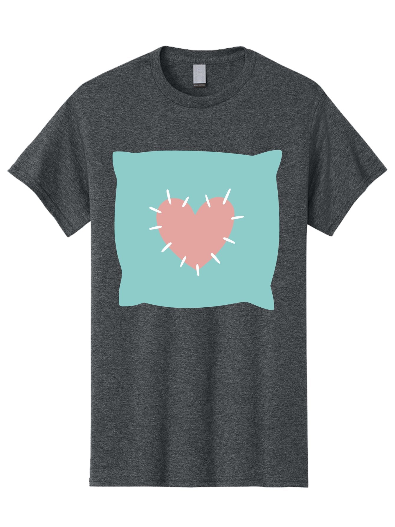 Pillow-With-Heart Men'S Graphic Tee, 100% Cotton, Comfortable Casual Summer Wear, Machine Washable, Pink Heart, Throw Pillow, Teal Background, White Accents, Home Decor, Love Symbol, Decorative Pillow, Heart Design, Cozy Atmosphere, Aac068 5