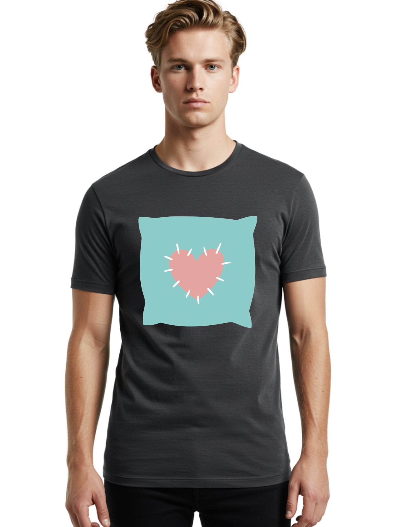 Pillow-With-Heart Men'S Graphic Tee, 100% Cotton, Comfortable Casual Summer Wear, Machine Washable, Pink Heart, Throw Pillow, Teal Background, White Accents, Home Decor, Love Symbol, Decorative Pillow, Heart Design, Cozy Atmosphere, Aac068 16