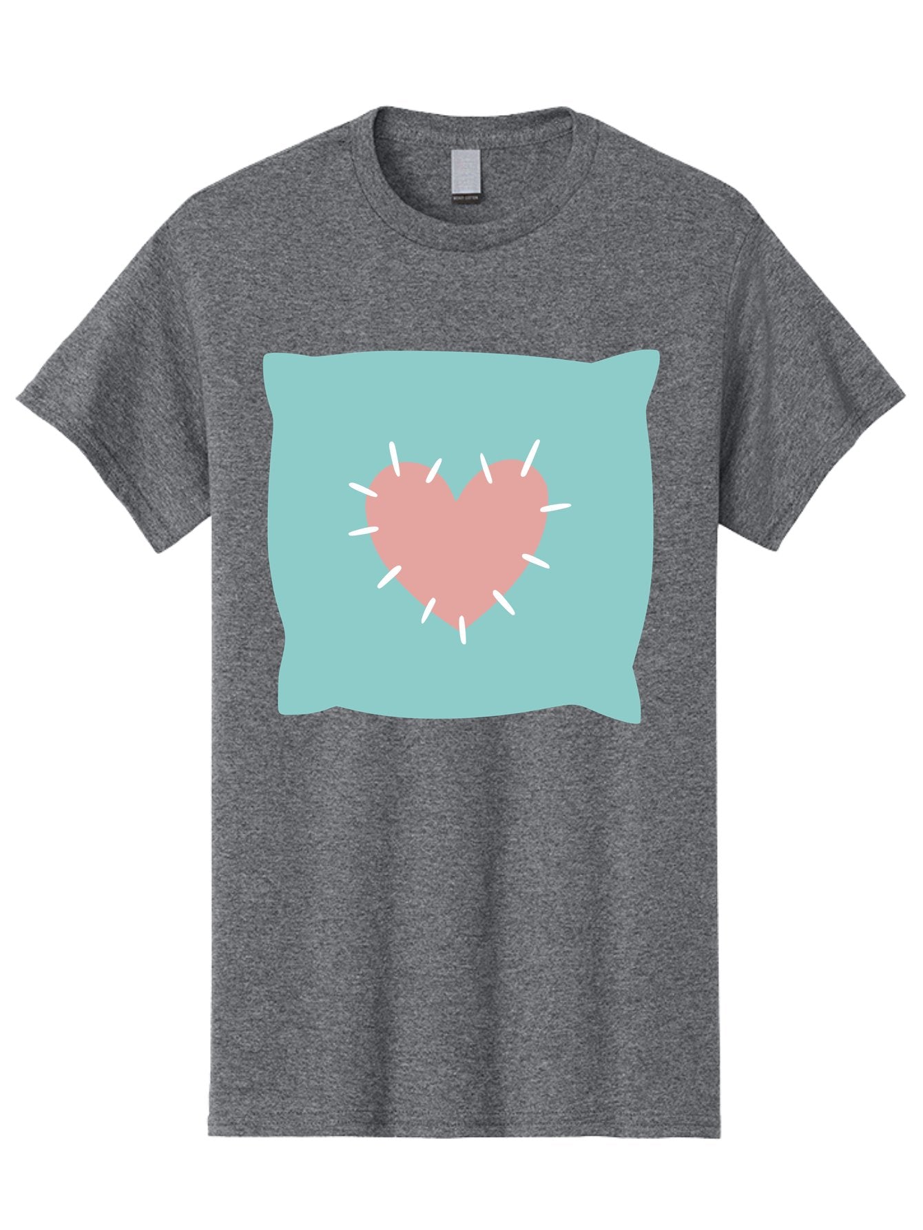 Pillow-With-Heart Men'S Graphic Tee, 100% Cotton, Comfortable Casual Summer Wear, Machine Washable, Pink Heart, Throw Pillow, Teal Background, White Accents, Home Decor, Love Symbol, Decorative Pillow, Heart Design, Cozy Atmosphere, Aac068 15
